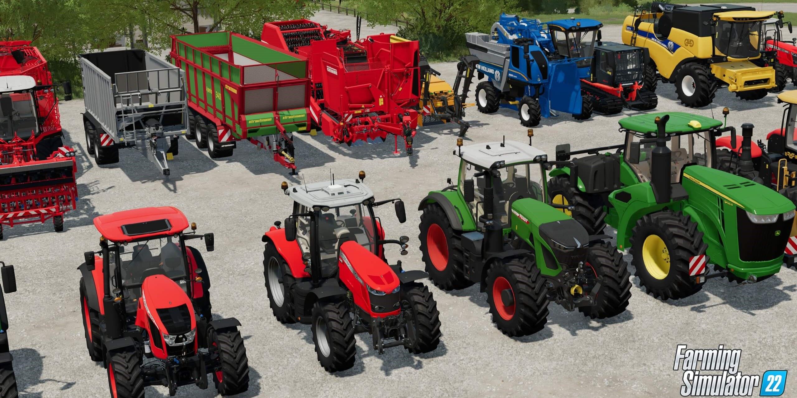 Tractors sitting in a row in Farming Simulator 22.