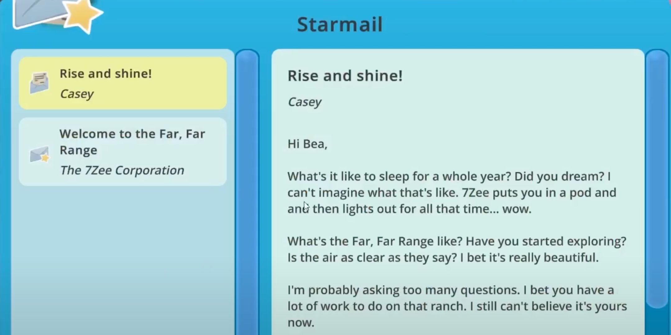 Casey's first email in Slime Rancher.