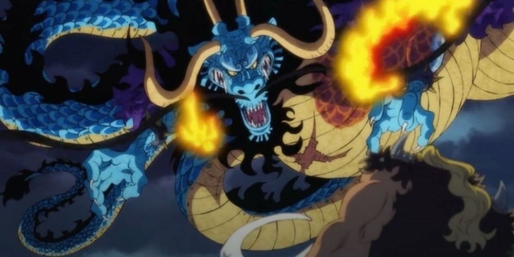 Kaido is using his dragon form to fly above Jack the Drought in One Piece.