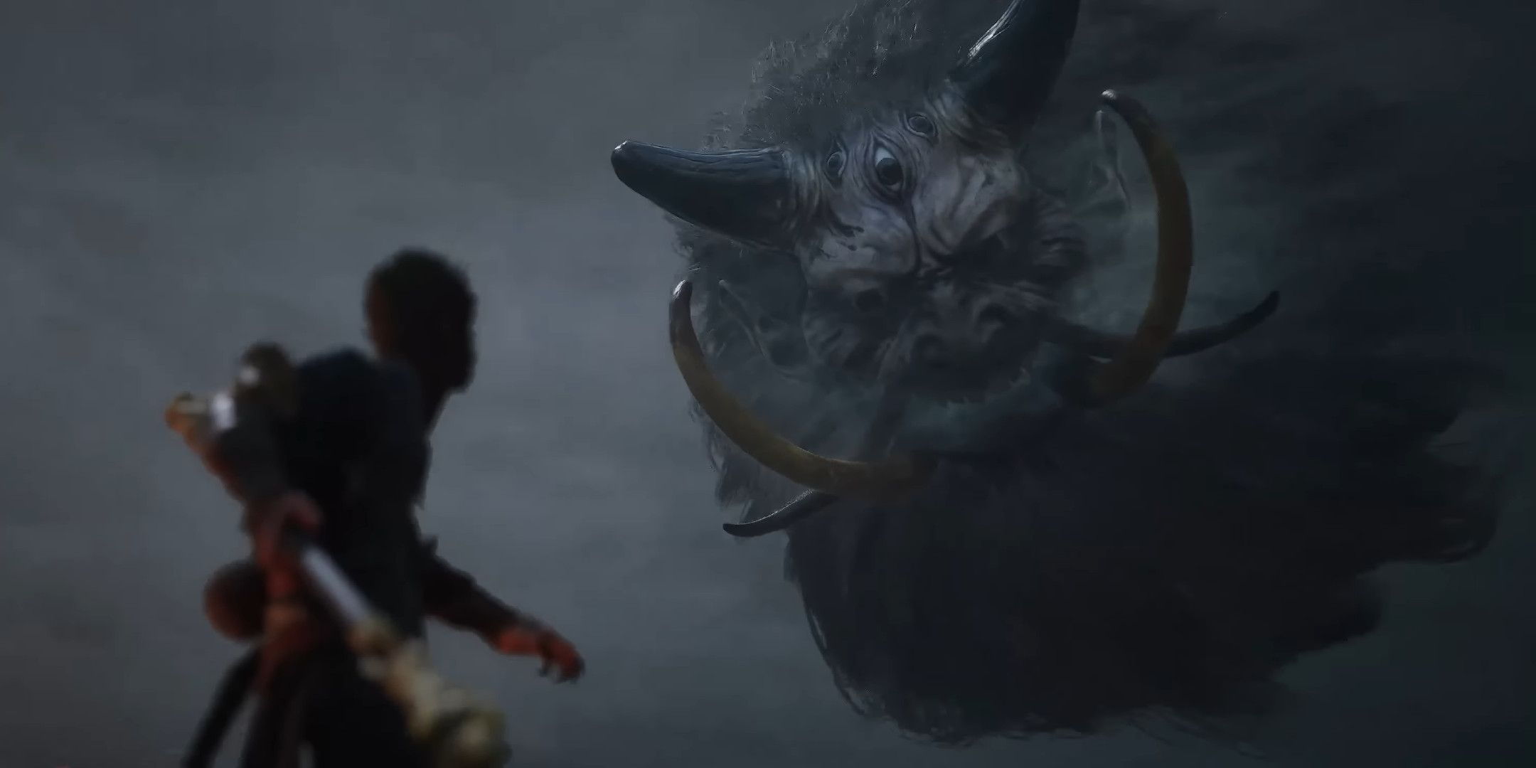 Sun Wukong looking at a large floating grey head with tusks and horns