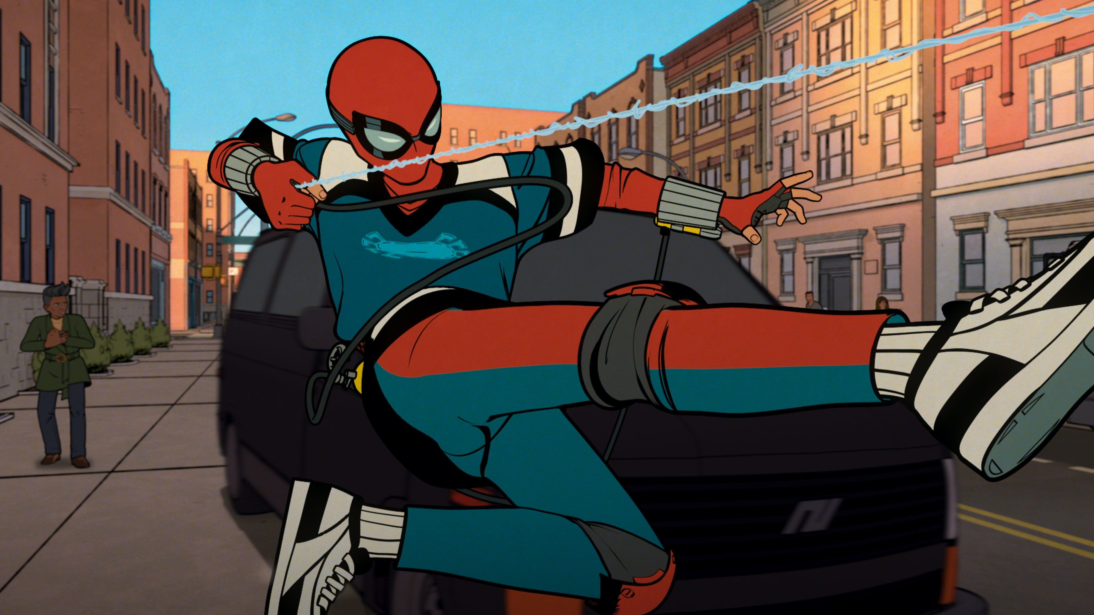 Peter Parker swings past a car in Your Friendly Neighborhood Spider-Man