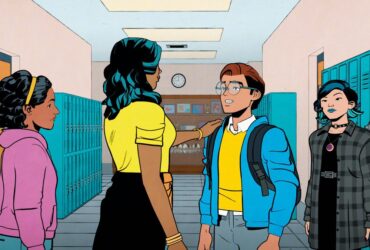 Still from Your Friendly Neighborhood Spider-Man showing Peter with friends in a high school hallway, Pearl has a hand on his shoulder while Nico looks on