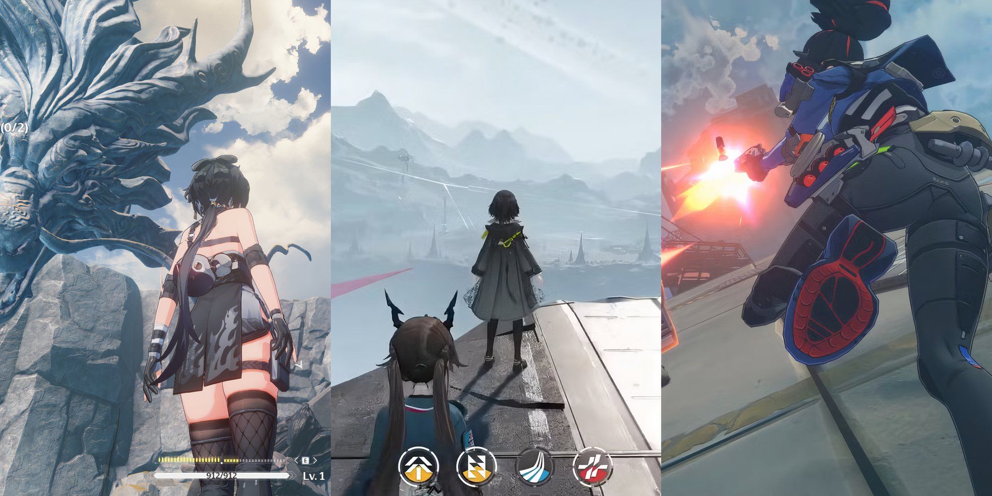 Rover from Wuthering Waves in left, Arknights Endfield open world view in middle and Zenless Zone Zero Combat