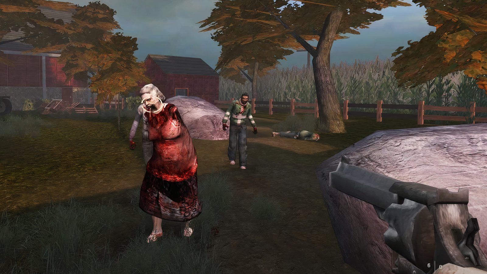 Revolver aimed at the undead woman which chases the player across the ranch, with two zombies behind her.