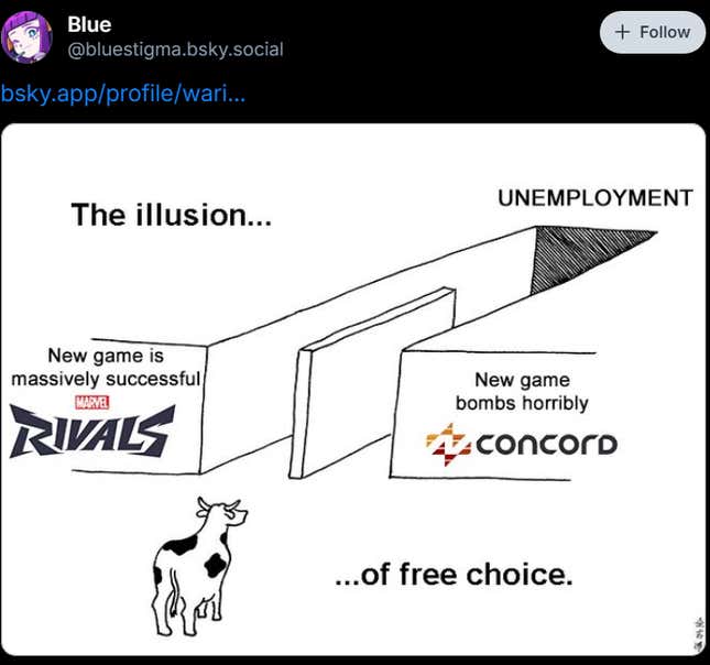 A Bluesky post includes an image of a cow staring down a bisected path that leads to the same exit, with one side reading "New game is massively successful" and the other reading "New game bombs horribly" with the text "The illusion of free choice" over it.