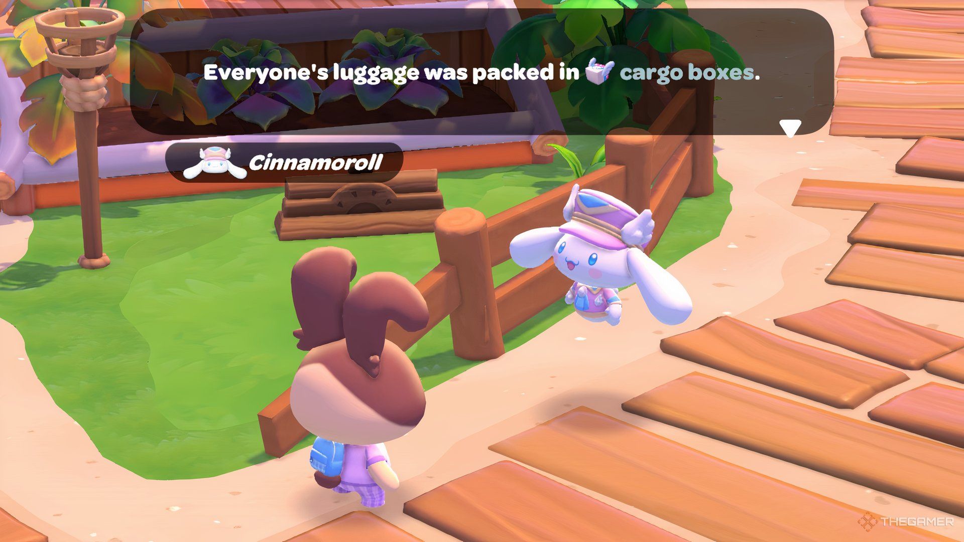 Player avatar speaking to Cinnamaroll as he delivers mail and mentions the lost luggage in Hello Kitty Island Adventure.