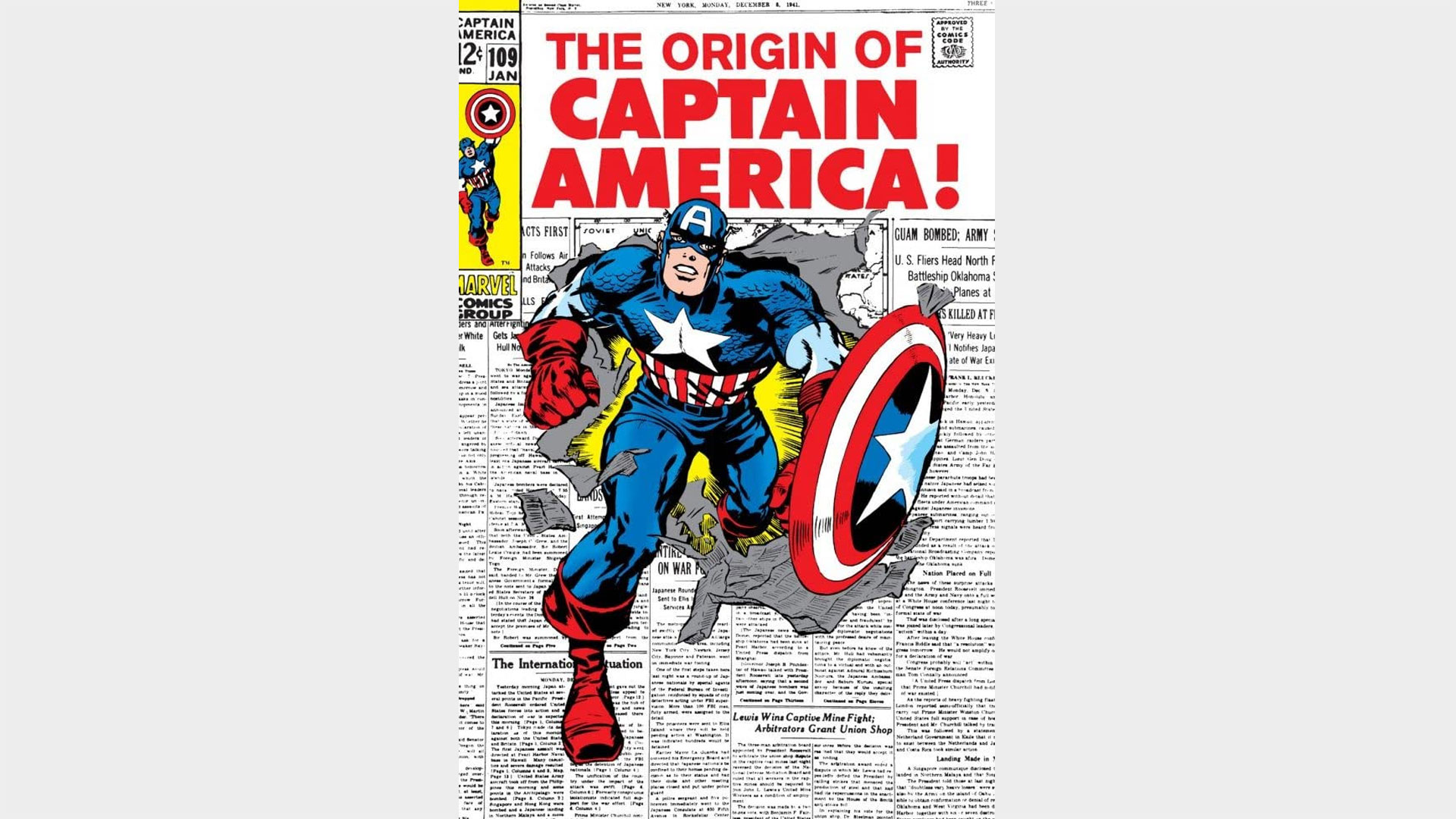 Captain America #109 cover showing Cap bursting out of a newspaper page.