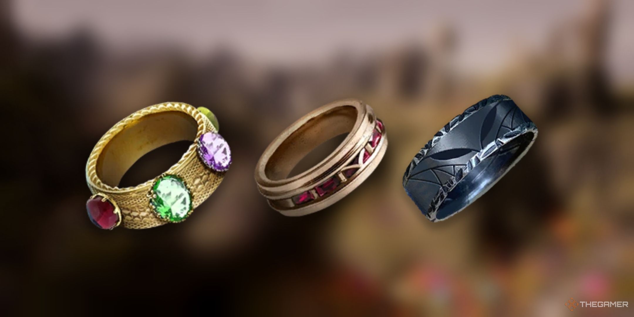 Avowed, the item images for the Ring of Prosperity's Fortune, Ranga's Clarity, and the Berserker Ring over a blurred background of the Emerald Stair.