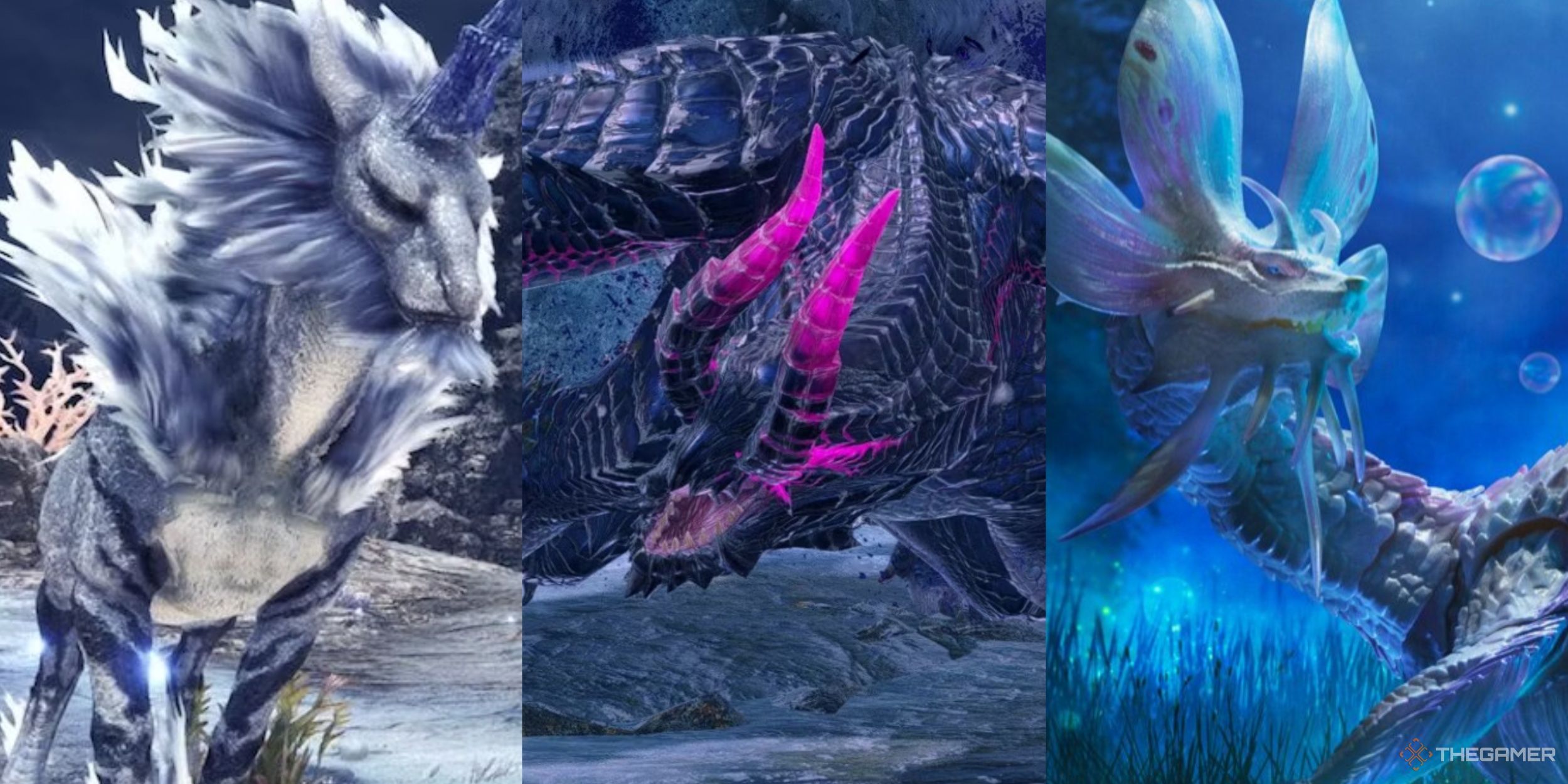 A collage of images showcasing Kirin, Gore Magala, and Mizutsune from the Monster Hunter series