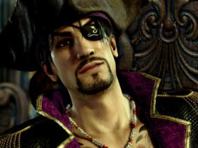 Goro Majima in his pirate outfit, leading his crew in Like a Dragon: Pirate Yakuza in Hawaii