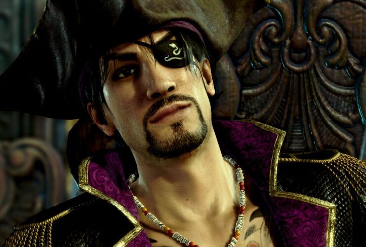 Goro Majima in his pirate outfit, leading his crew in Like a Dragon: Pirate Yakuza in Hawaii