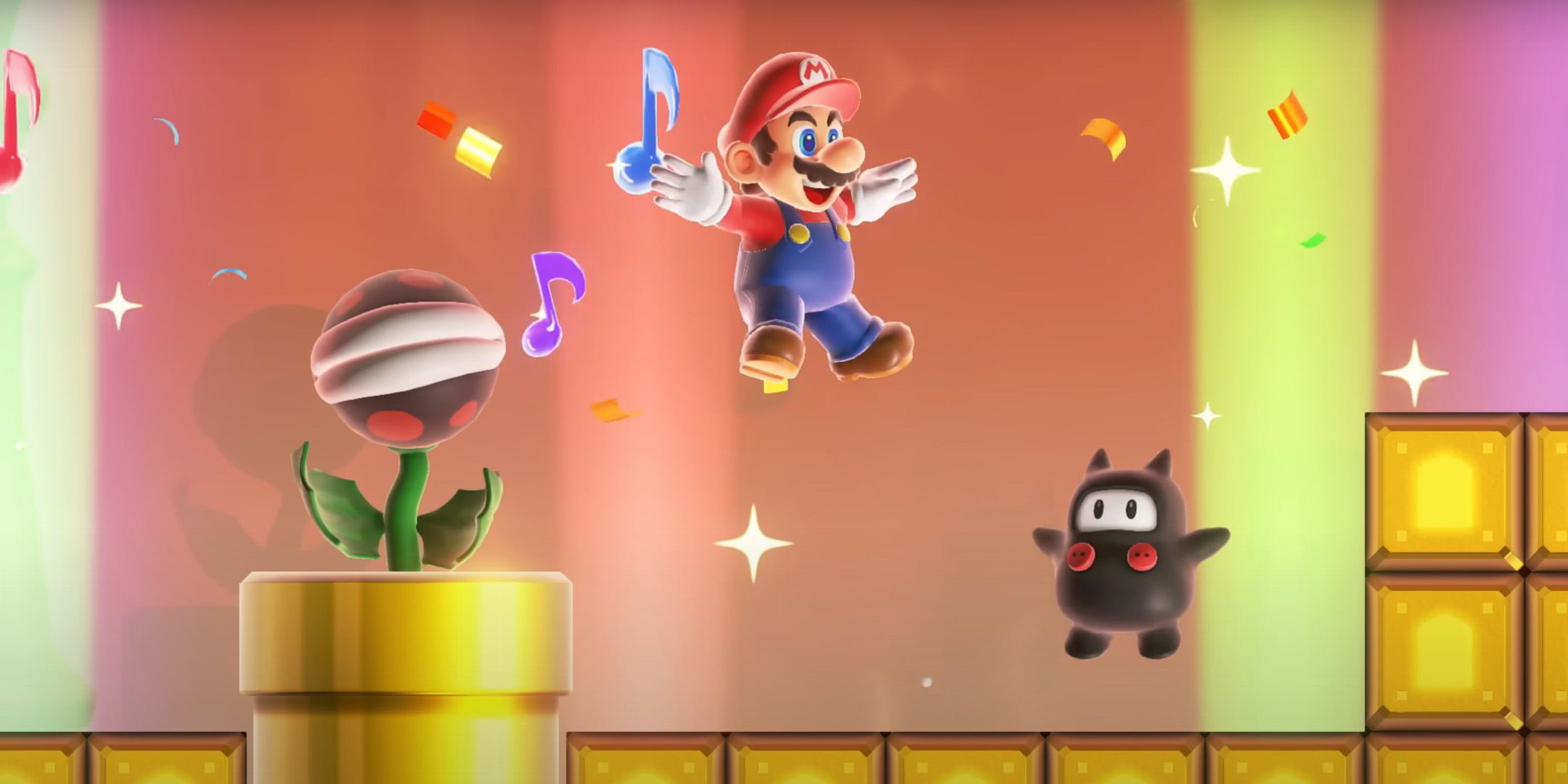 Mario jumping next to a Ninji and a Piranha Plant.