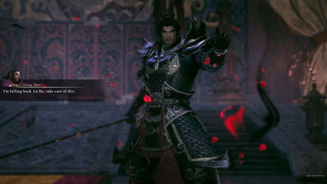 A screenshot from Dynasty Warriors Origins. Lu Bu is facing the screen, a text box reads 'I’m falling back. Lu Bu, take care of this.'