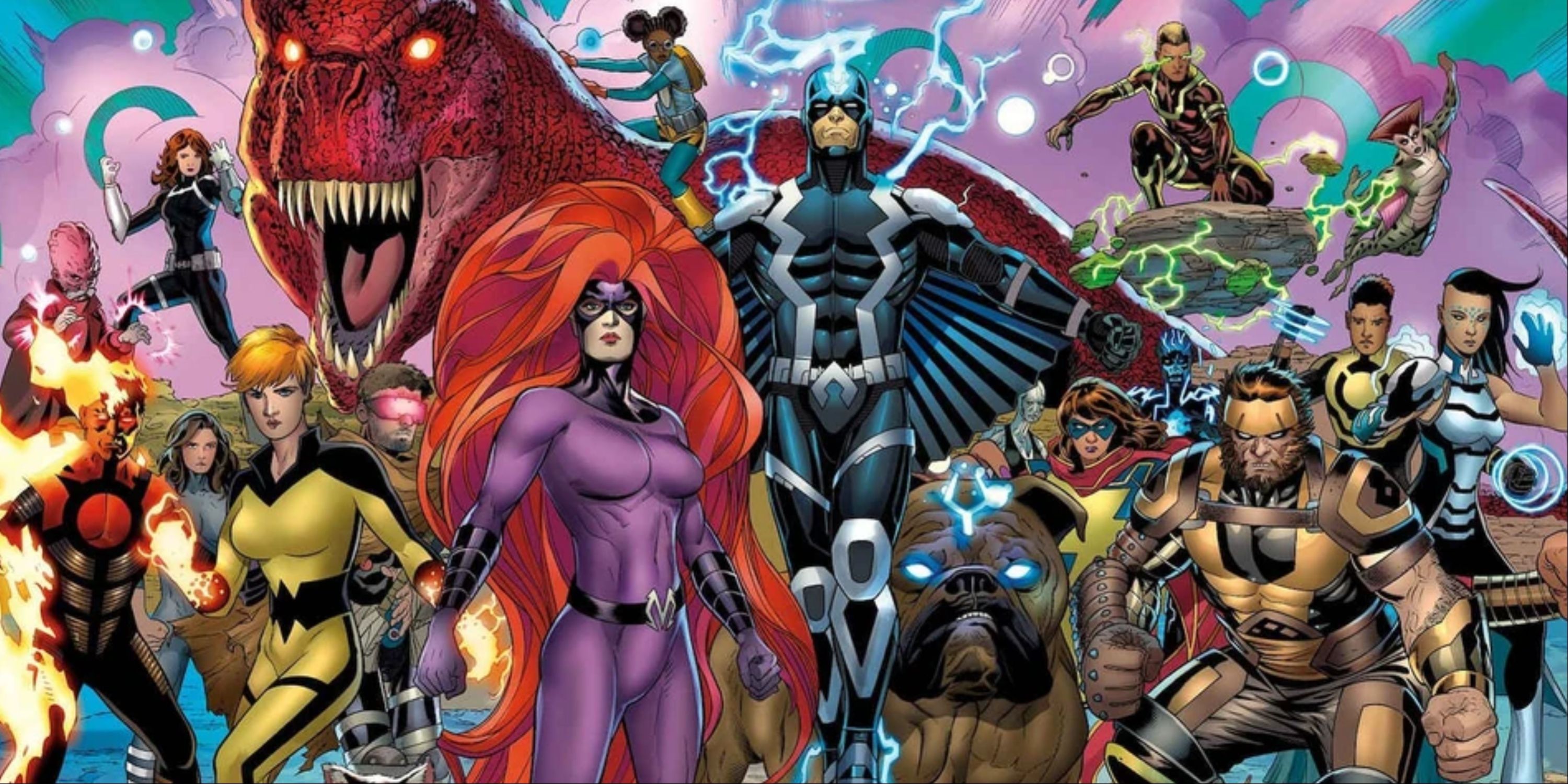 A line up of the Inhumans from Marvel Comics.