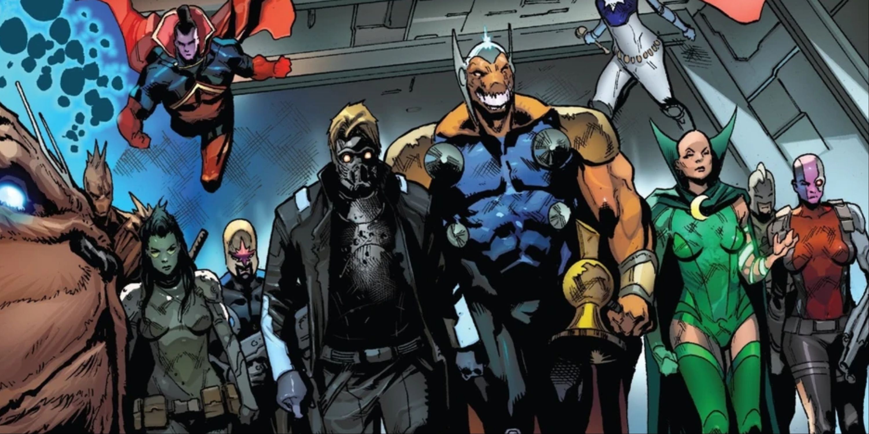 A line up of The Guardians of the Galaxy members from Marvel comics.