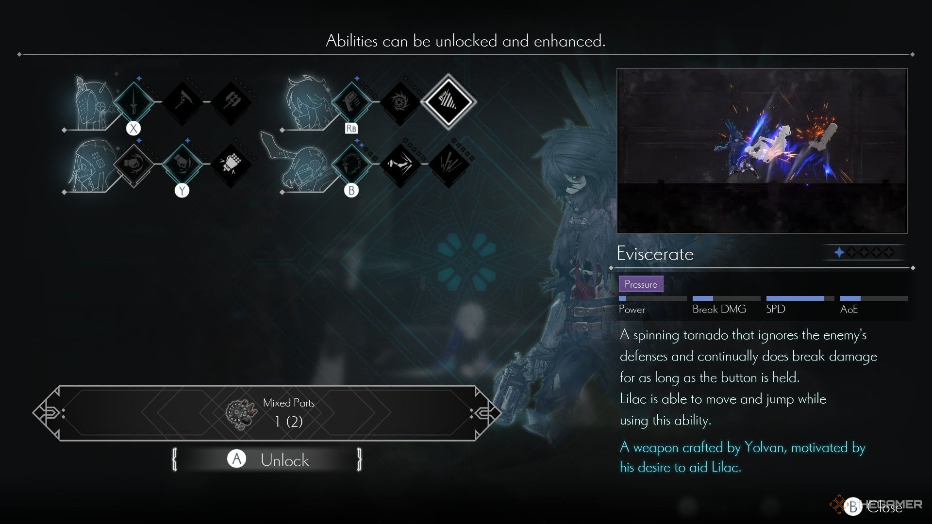 The image shows Yolvan's Eviscerate ability description from the Ability Enhancement menu in Ender Magnolia: Bloom In The Mist.