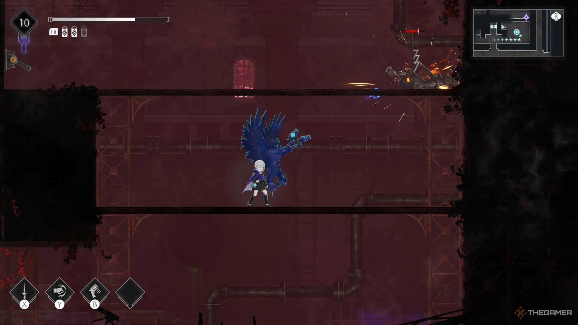 The image shows that Yolvan is attacking an enemy that is above another platform in Ender Magnolia: Bloom In The Mist.