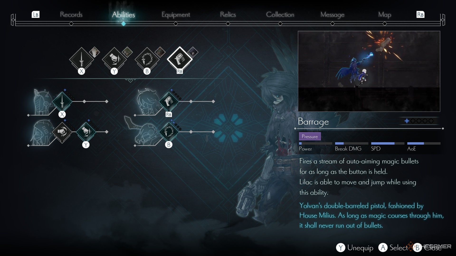 The image shows Yolvan's Barrage ability from the Ability Equipment menu in Ender Magnolia: Bloom In The Mist.