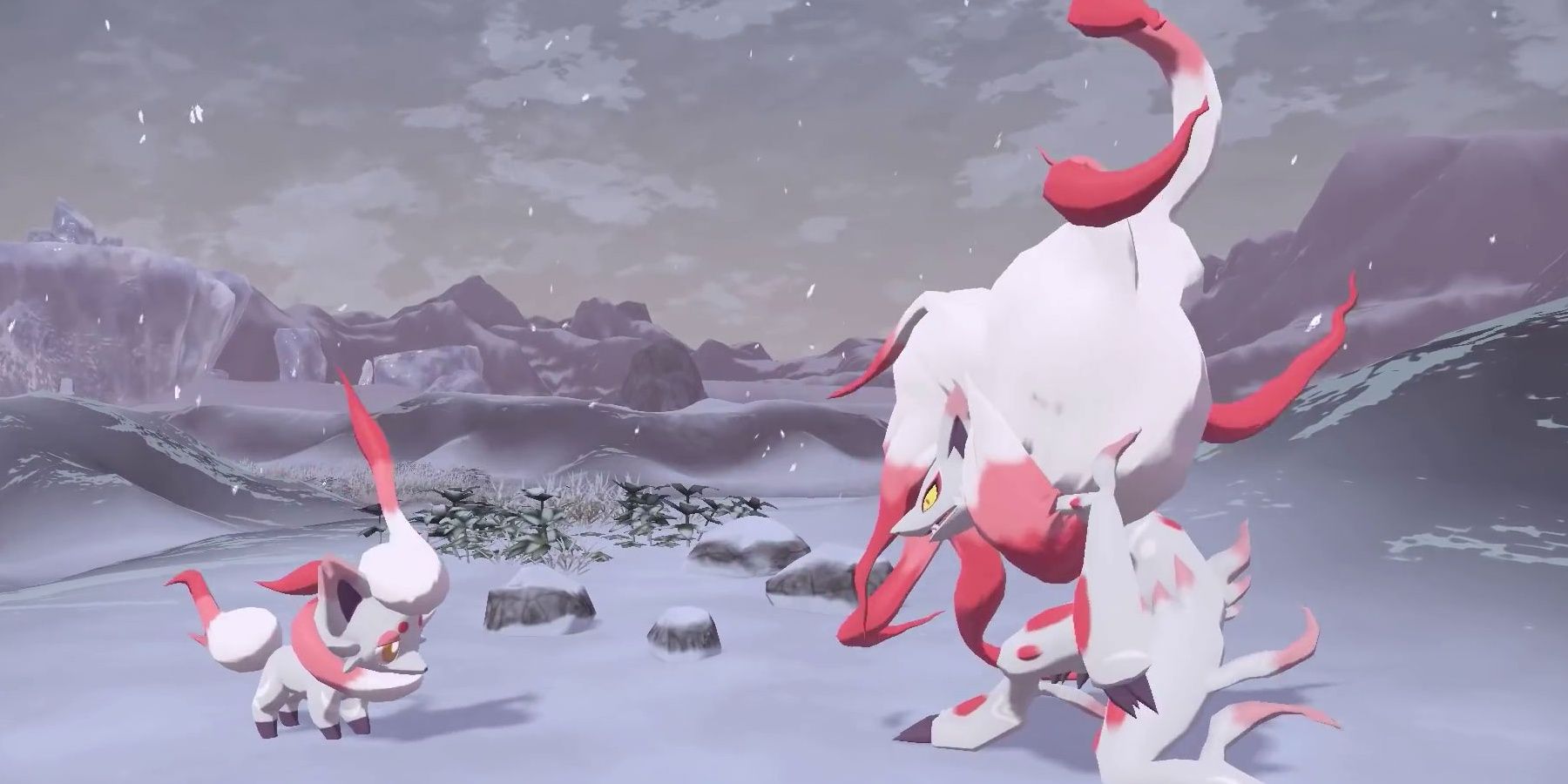 Hisuan Zorua and Hisuian Zoroak facing each other in the Alabaster Icelands in Pokemon Legends: Arceus.