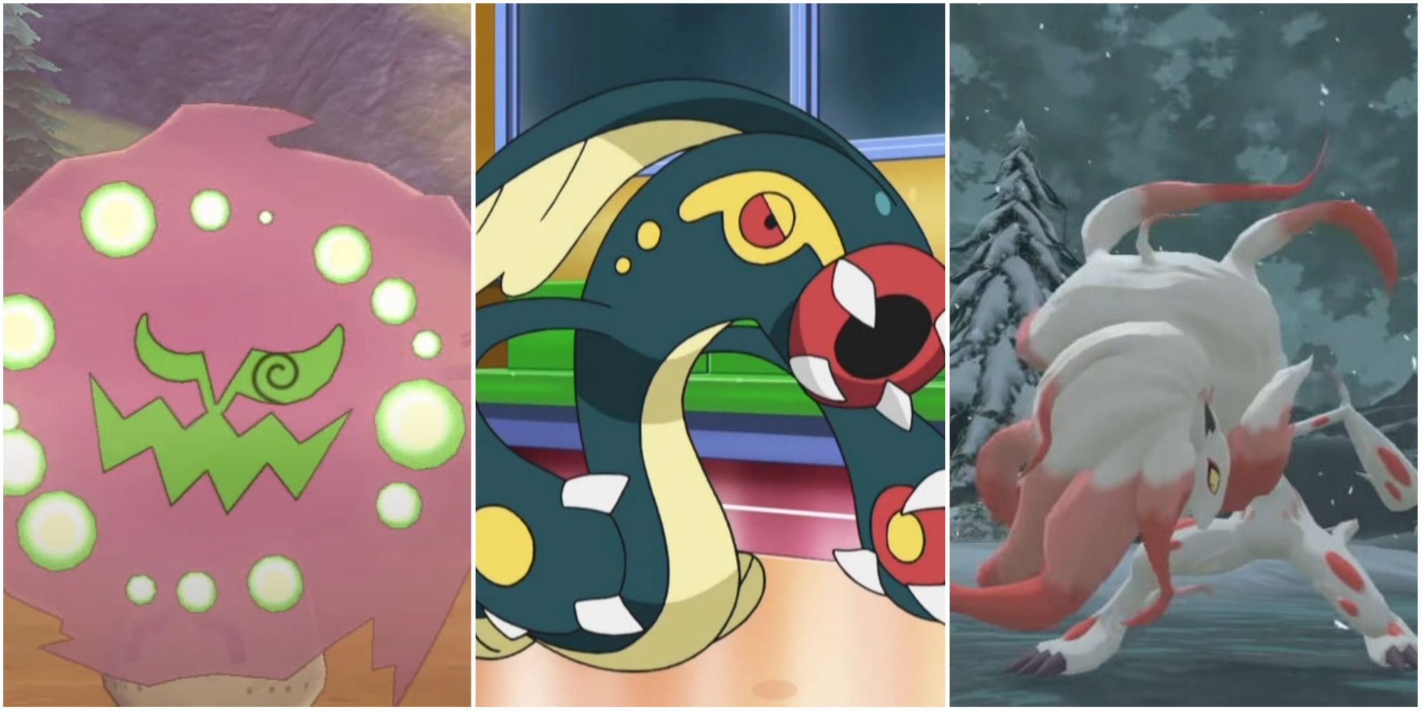 Split image screenshots of Spiritomb, Eelektross, and Hisuian Zoroak.