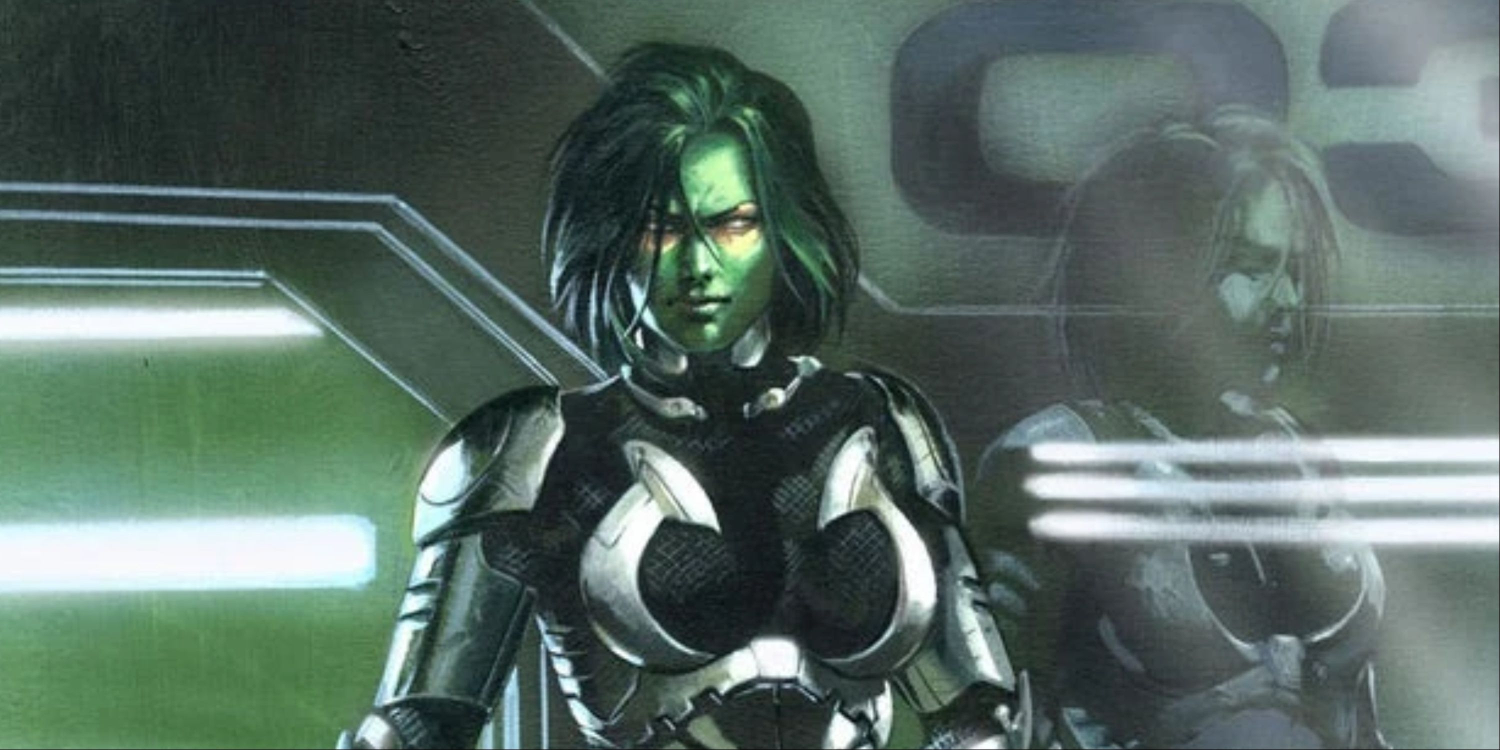 Gamora from Marvel comics, a green skinned alien woman in battle armour.