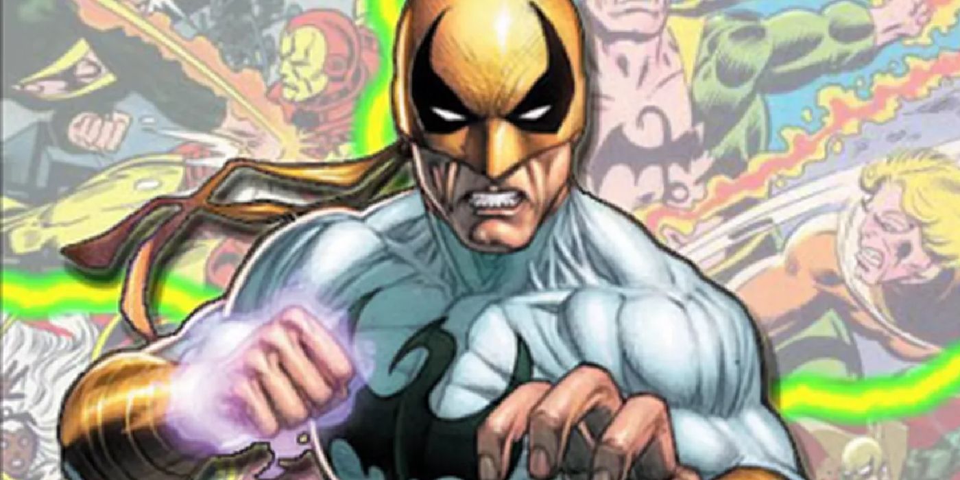 Danny Rand in his white and gold Iron Fist costume, backed by images from Marvel comics.