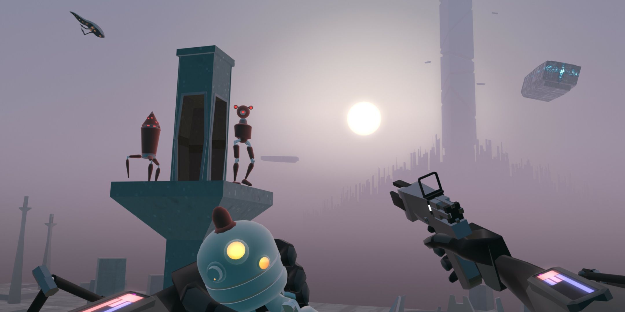 tea for god with sun in the background and the player with a gun.