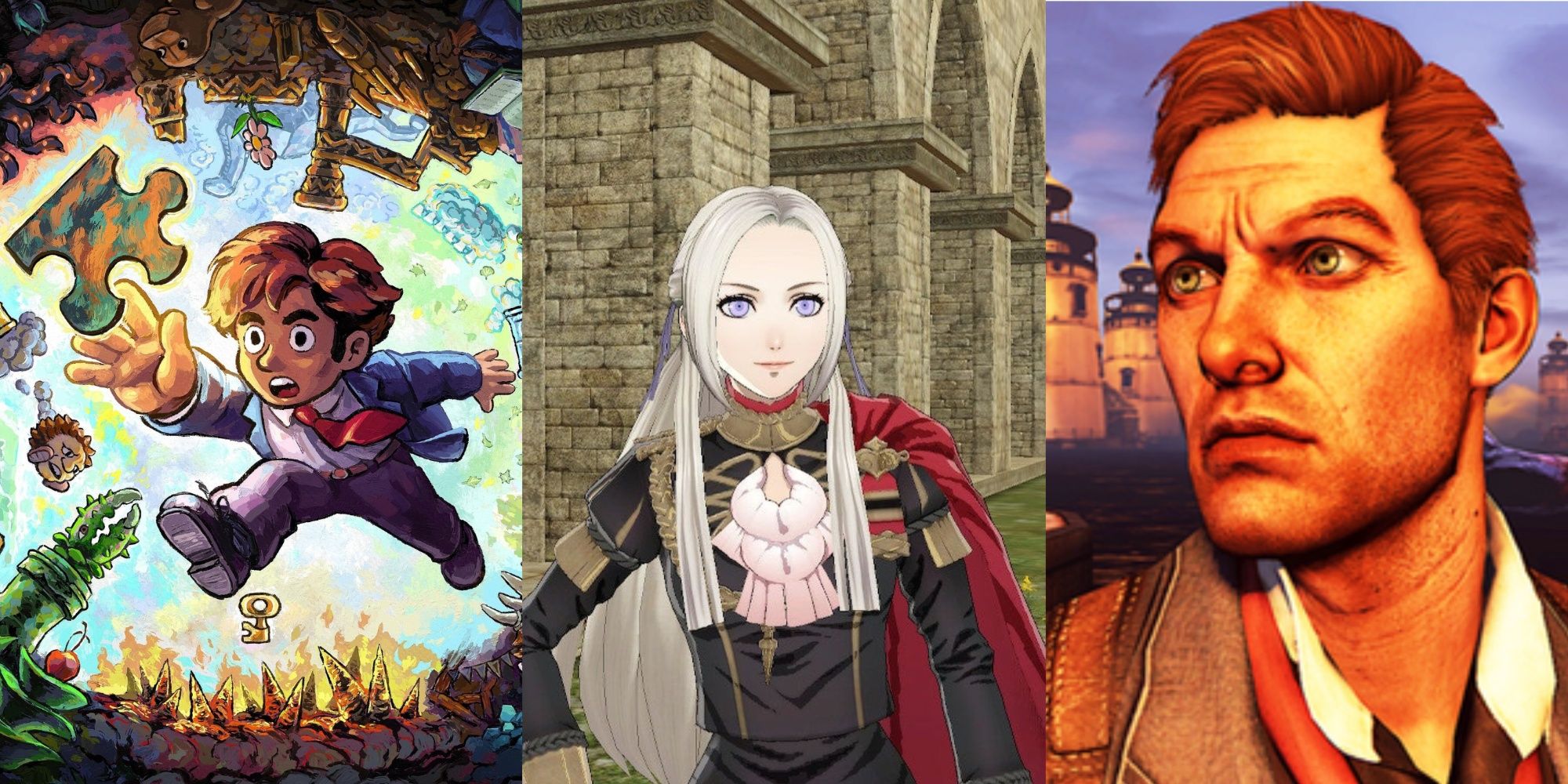 Tim, Edelgard, and Booker, all protagonists with variably villainous attributes