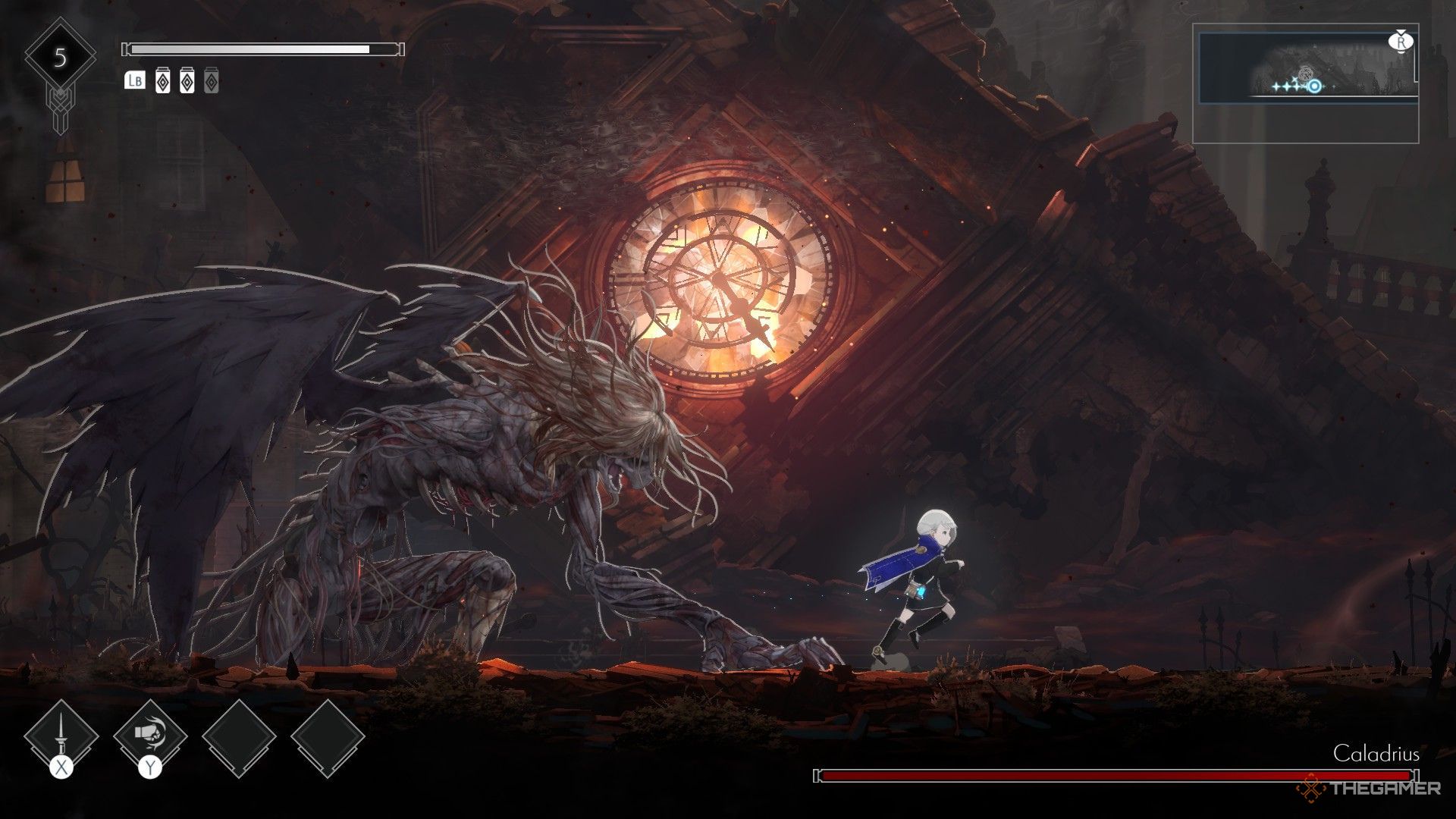 The image shows Lilac fighting against Caladrius during the boss battle in Ender Magnolia: Bloom In The Mist.