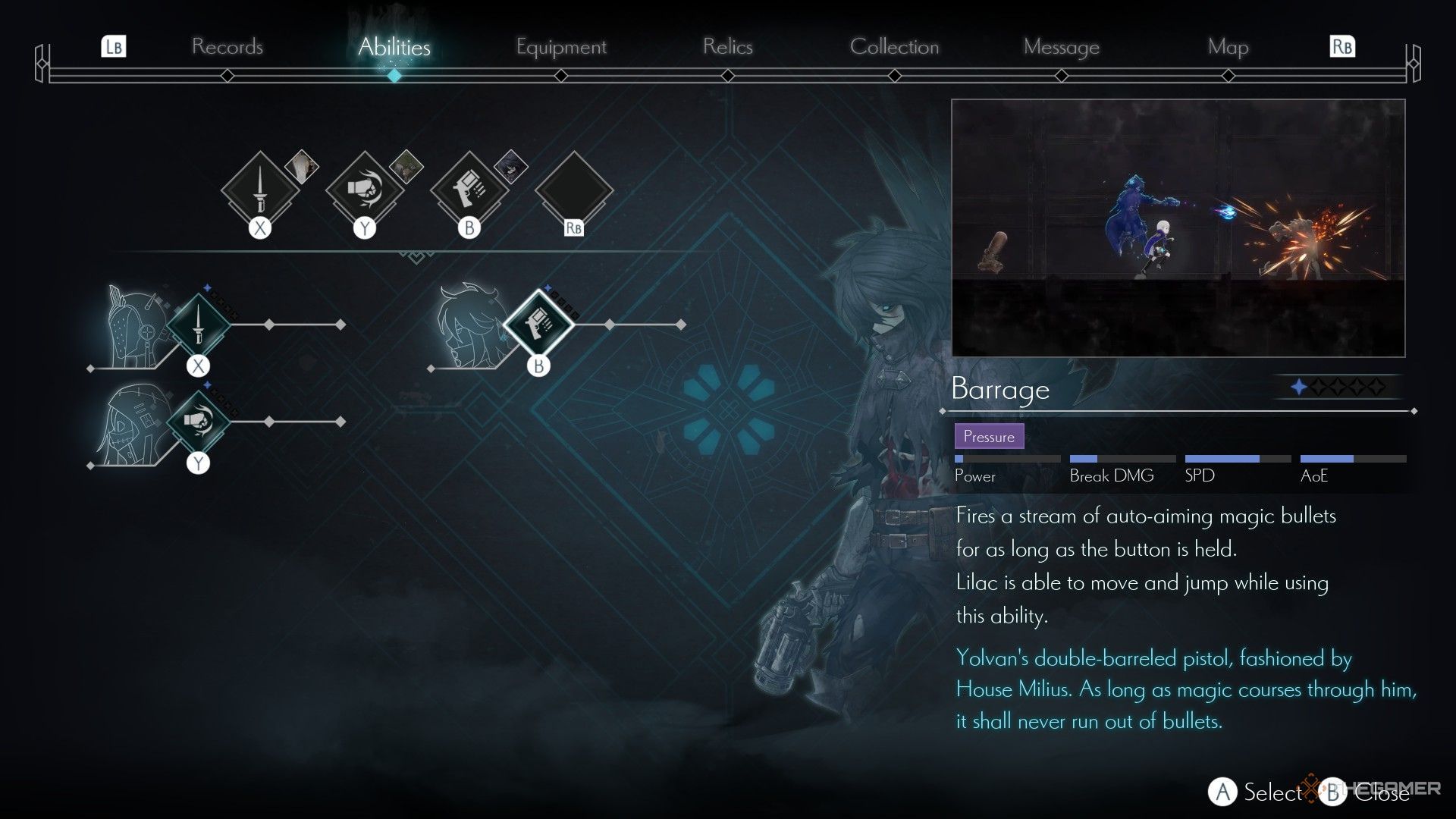 The image shows Yolvan's Barrage Ability's Description from the Ability Equip menu in Ender Magnolia: Bloom In The Mist.