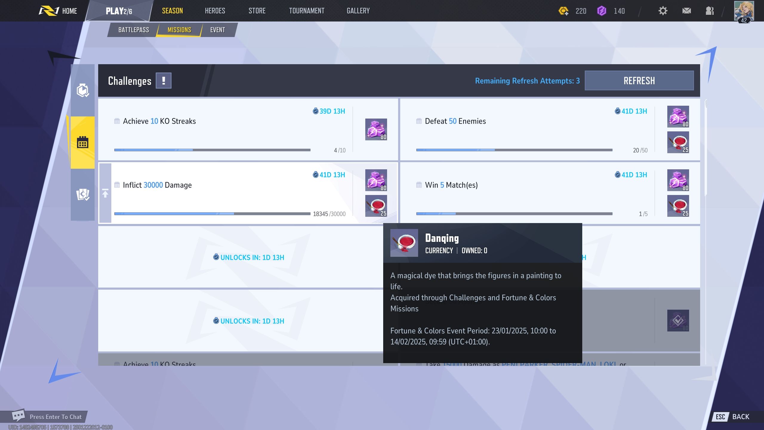 Menu of the missions that reward the player with Danqing - Marvel Rivals