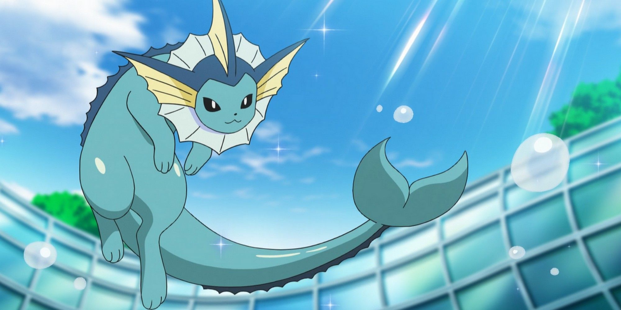 Vaporeon leaps gracefully out of the water in a stadium.