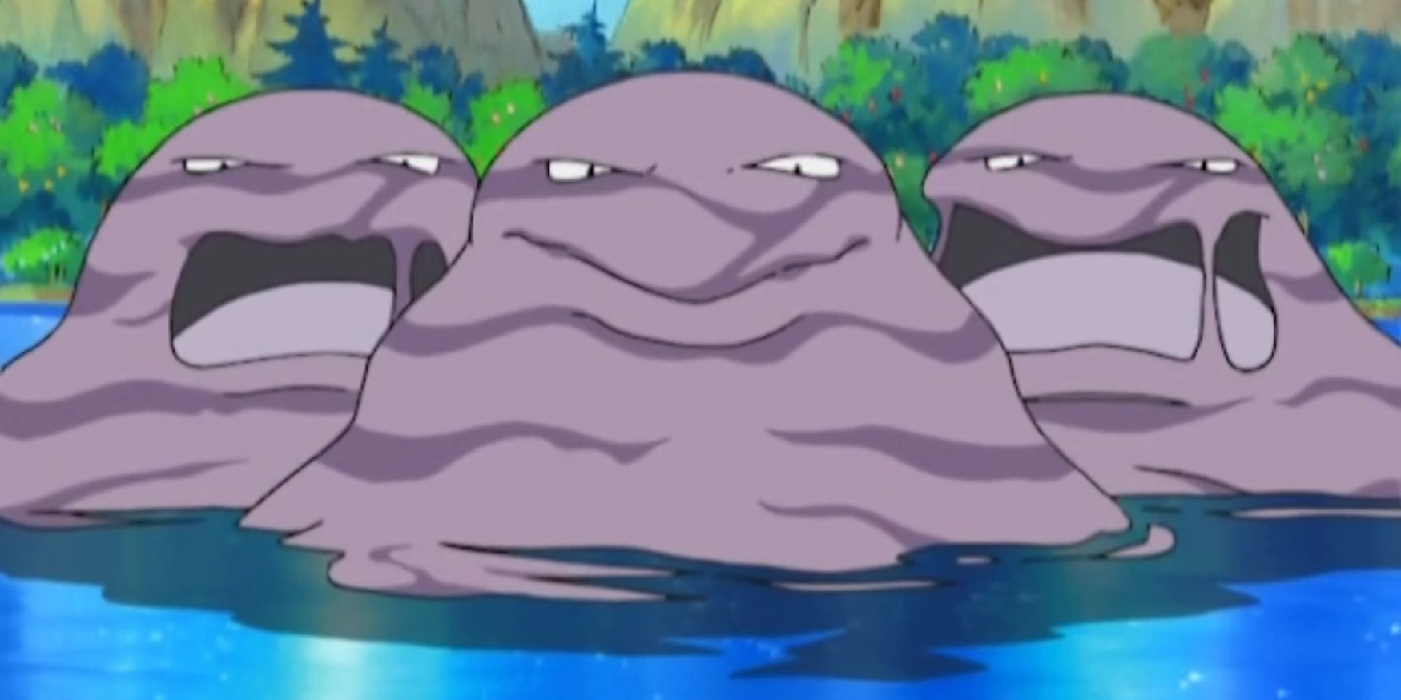 Three muk in water in the Pokemon anime