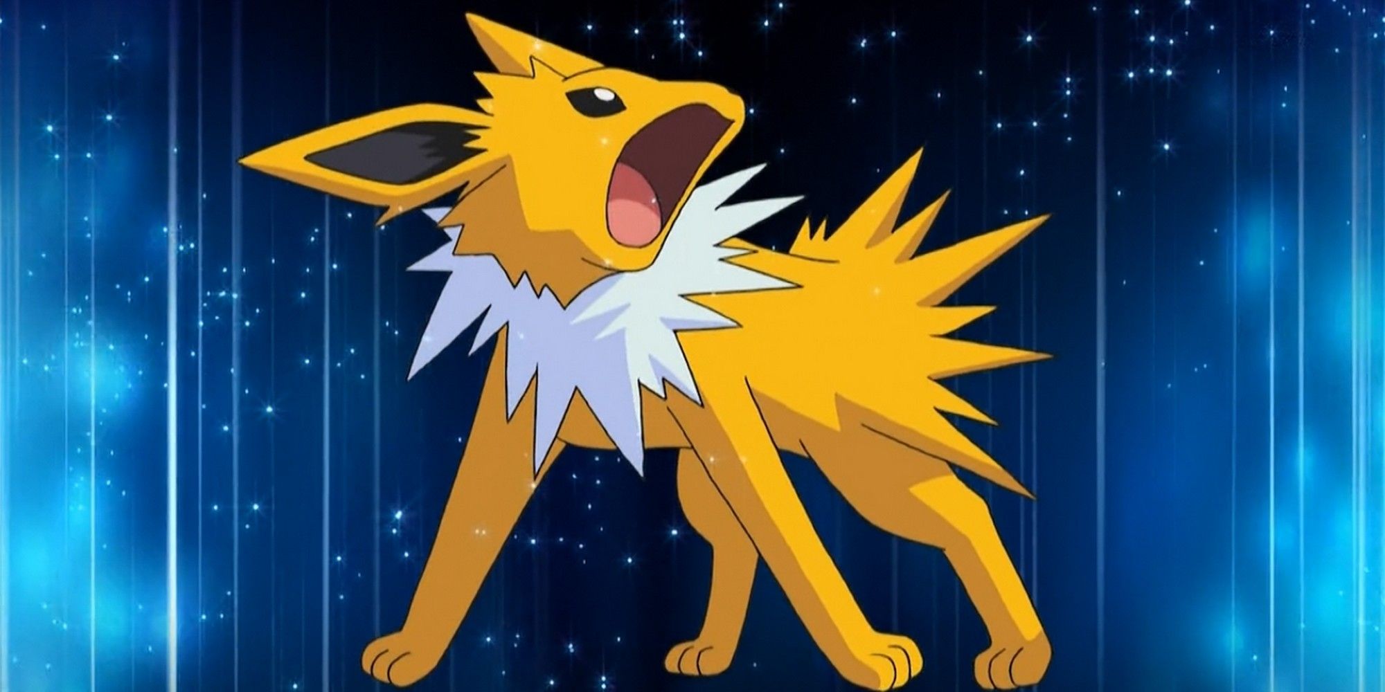 Jolteon standing against a backdrop of stars.