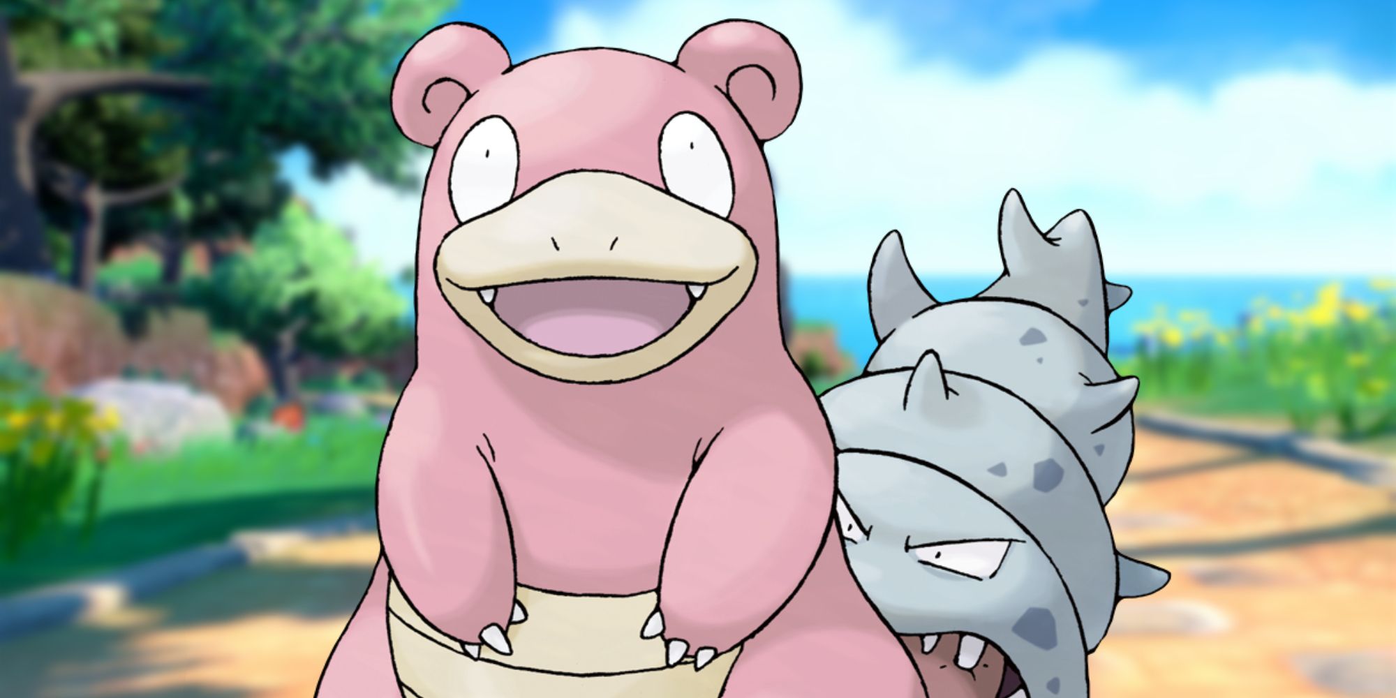 Slowbro standing in front of a Pokemon Scarlet & Violet backdrop.