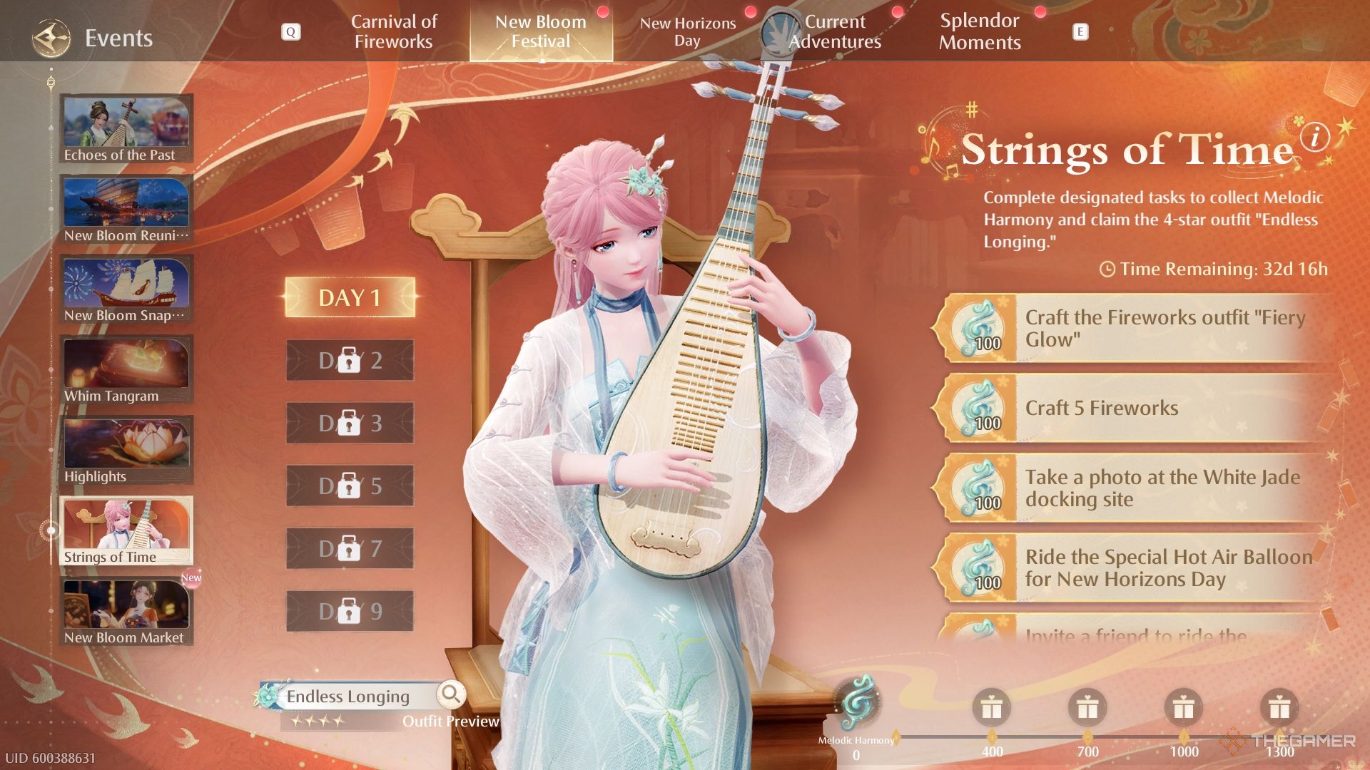 String of Time menu with Nikki in a blue outfit playing a pipa.