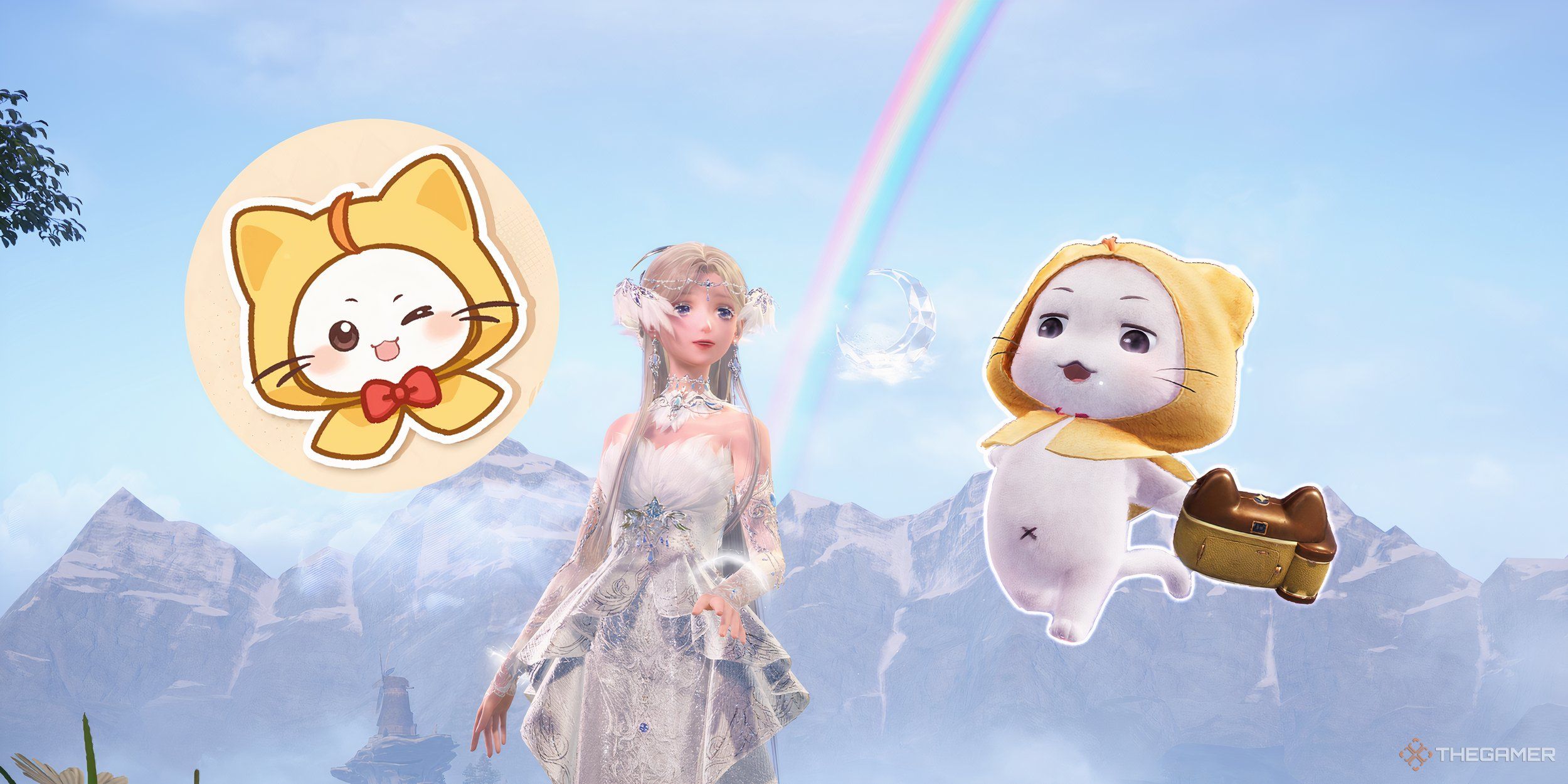 Collage of Momo leaping across a rainbow with Nikki in the background.