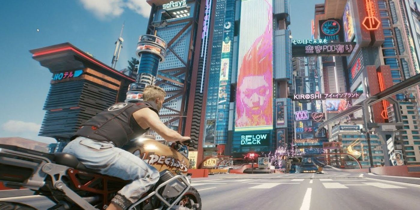 cyberpunk 2077 player on a bike Cropped