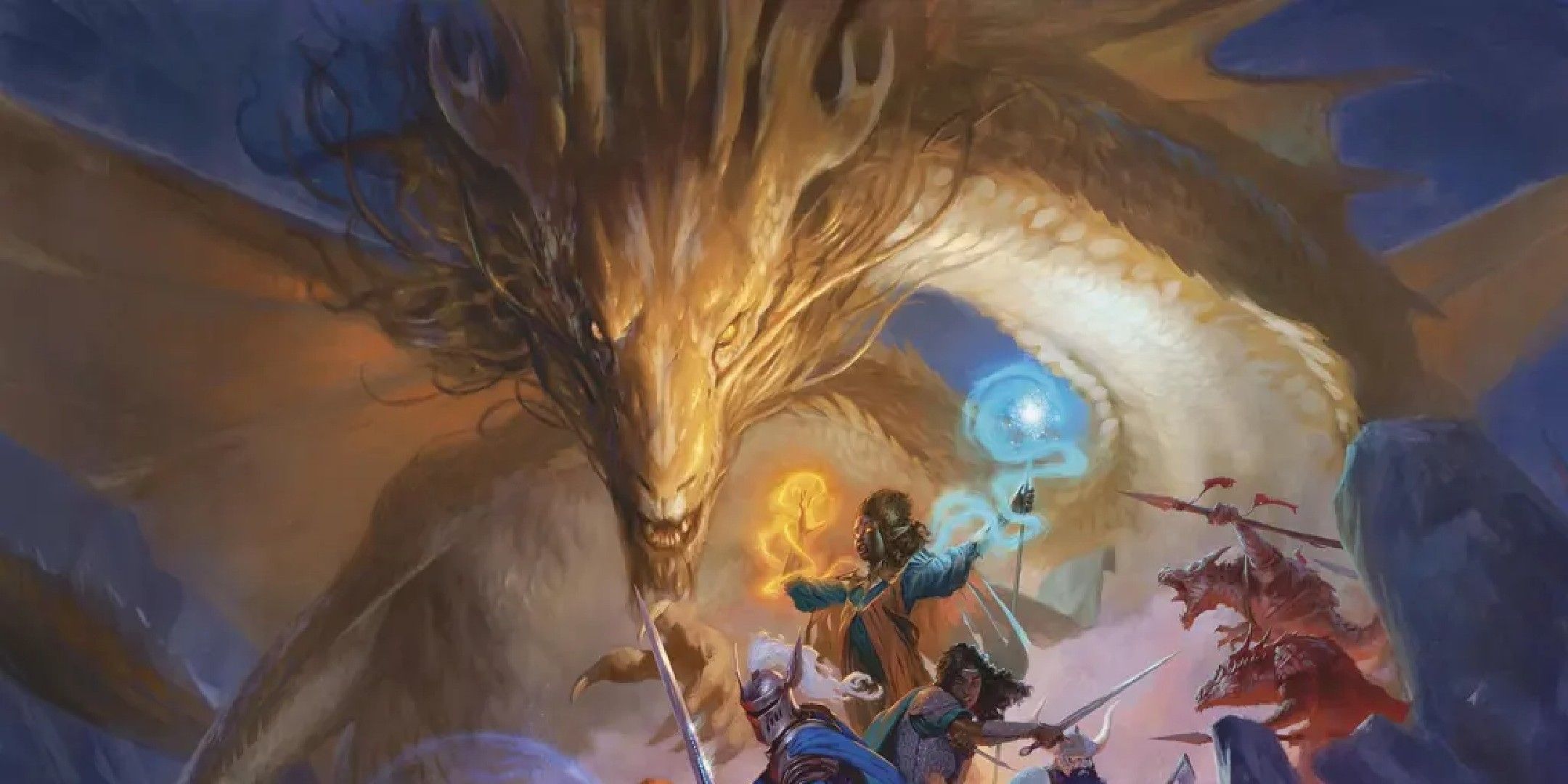 Dungeons & Dragons image showing a golden dragon aiding an adventuring party.