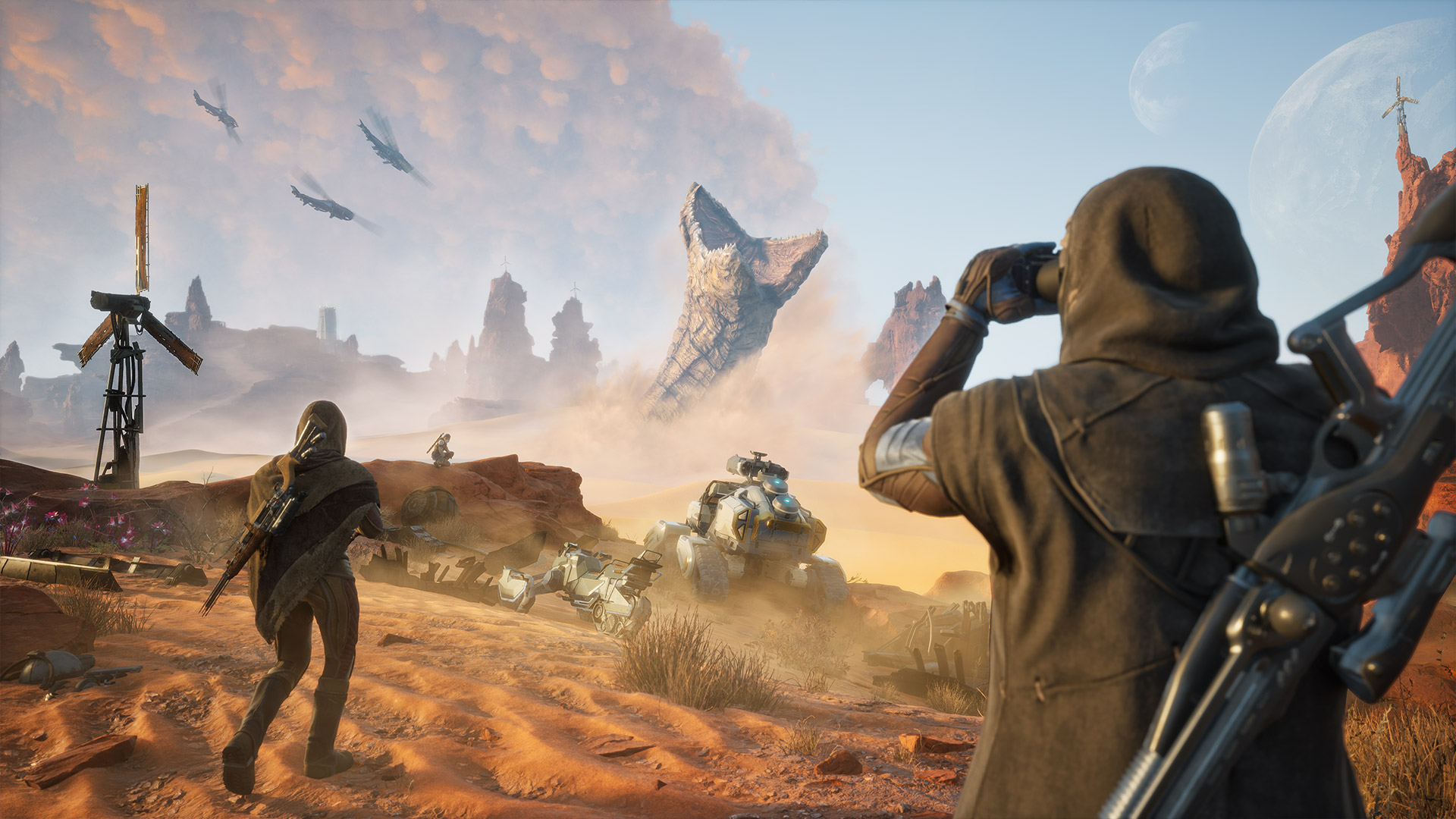 Dune Awakening strategy survival: players look out at a sandworm emerging from the desert.