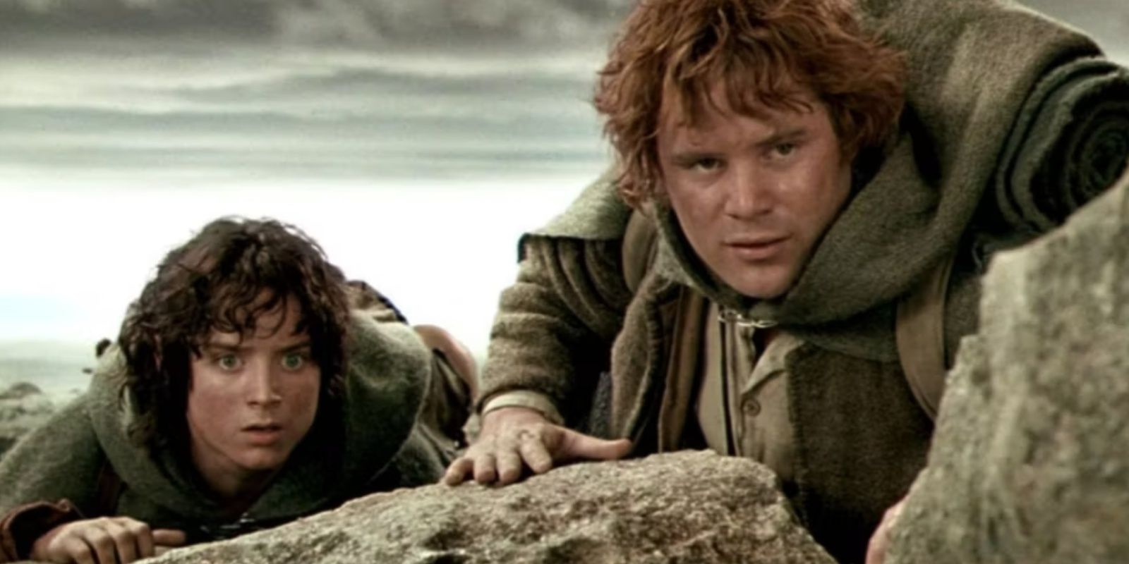 Elijah Woods as Frodo Baggins. Sean Astin as Samwise Gamgee in The Lord of the Rings: The Two Towers