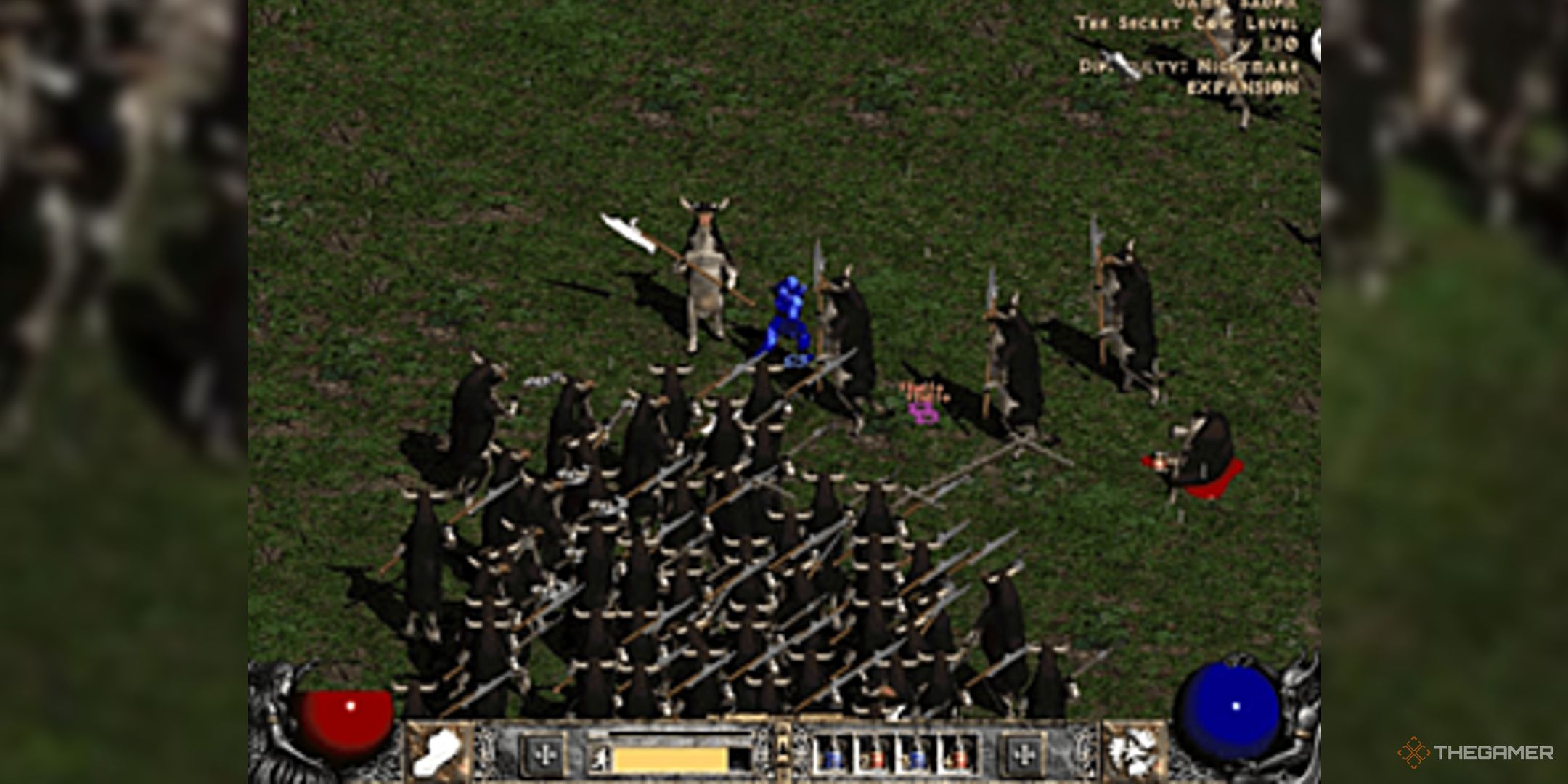 An army of cow people attack the player in Diablo 2.