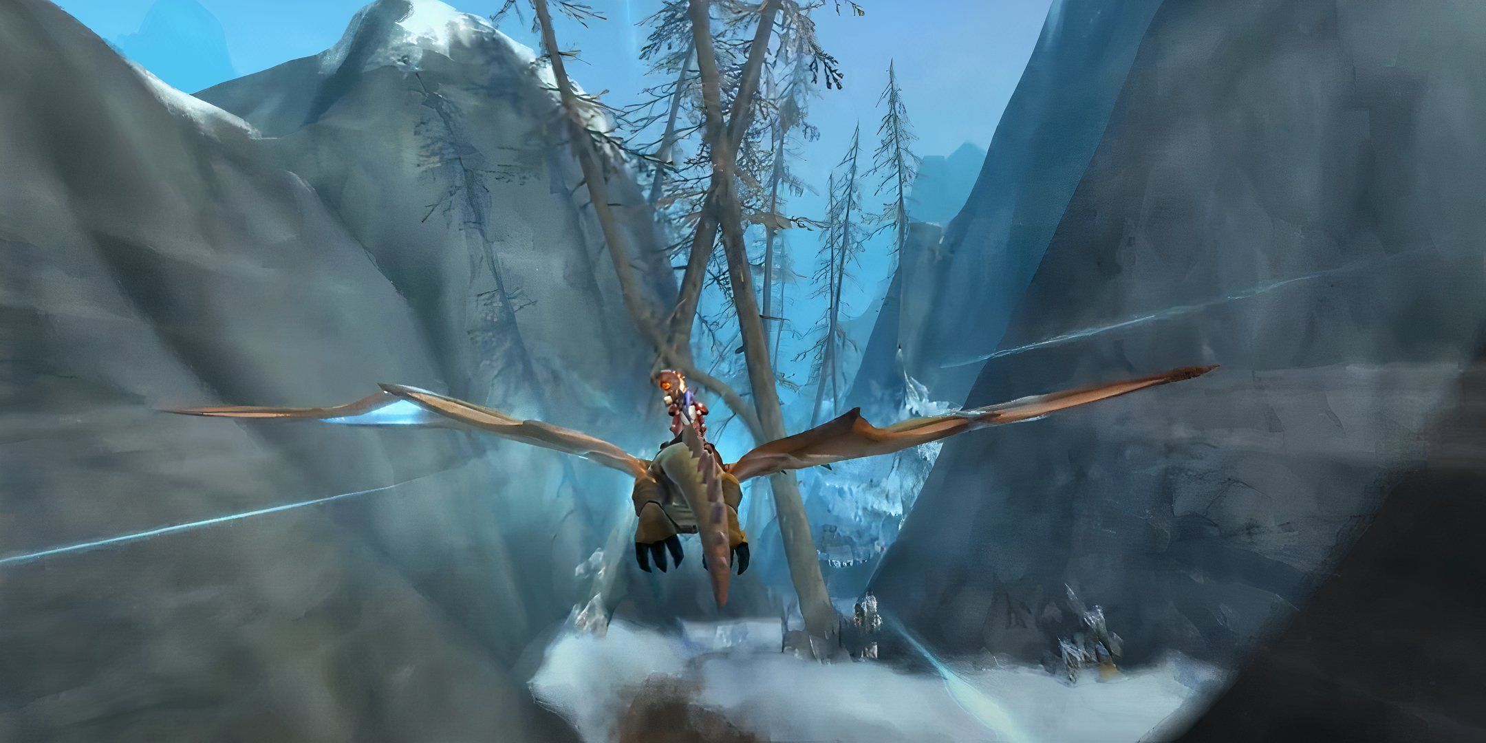 flying on your dragon through the forests in World of Warcraft: Dragondflight.