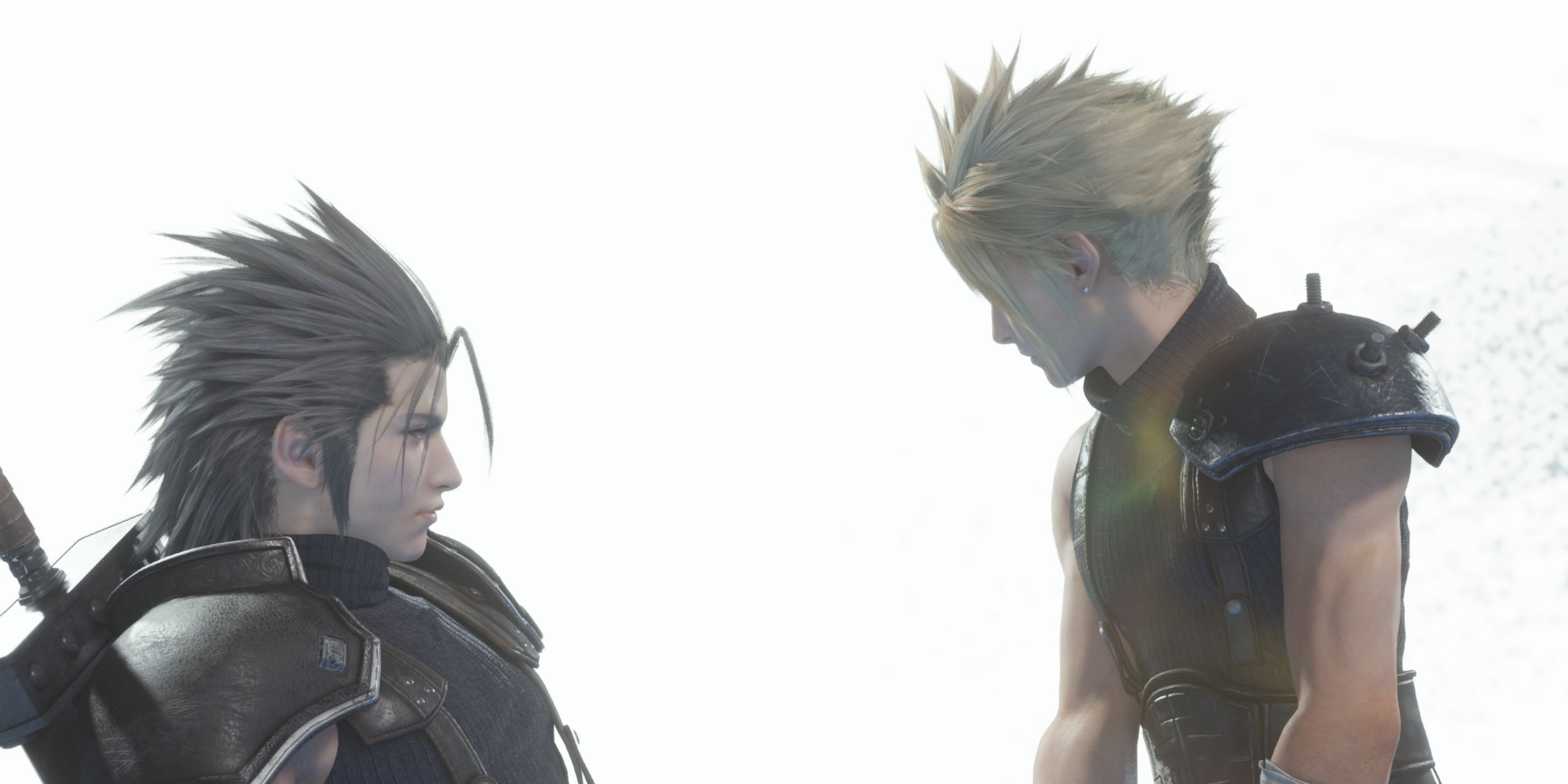 Zack and Cloud meeting against a white background in Final Fantasy 7 Rebirth