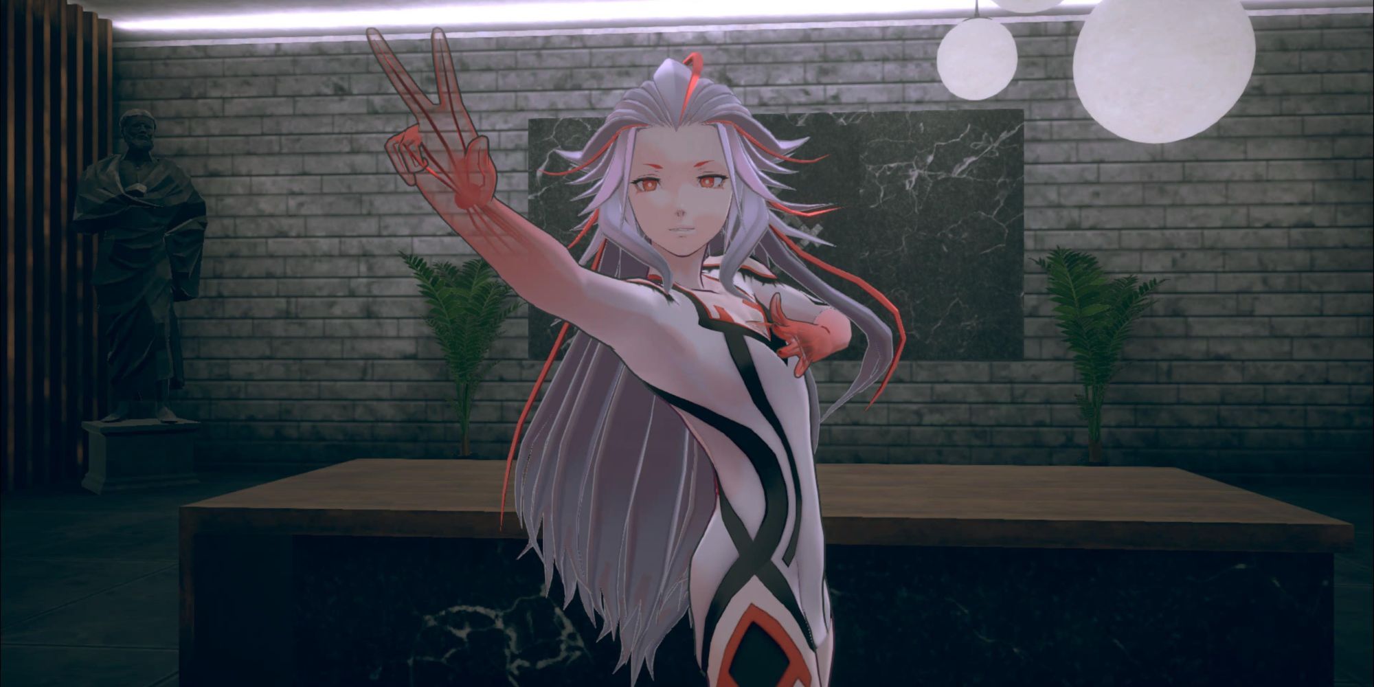 Aiba shows peace signs in Tokiko's office in AI: The Somnium Files.