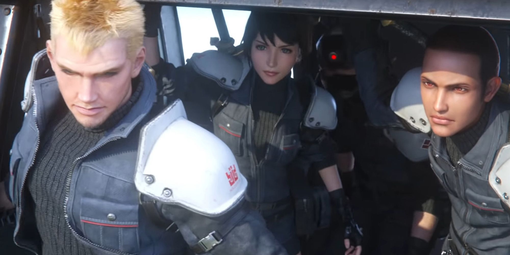 Final Fantasy 7 The First Soldier Glenn Lodbrok, Lucia Lin, and Matt Winsord exiting a helicopter