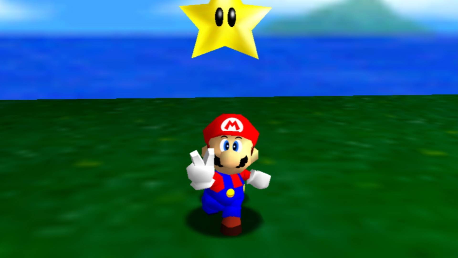 Super Mario 64 screenshot of Mario doing the peace sign in a green field with a star overhead