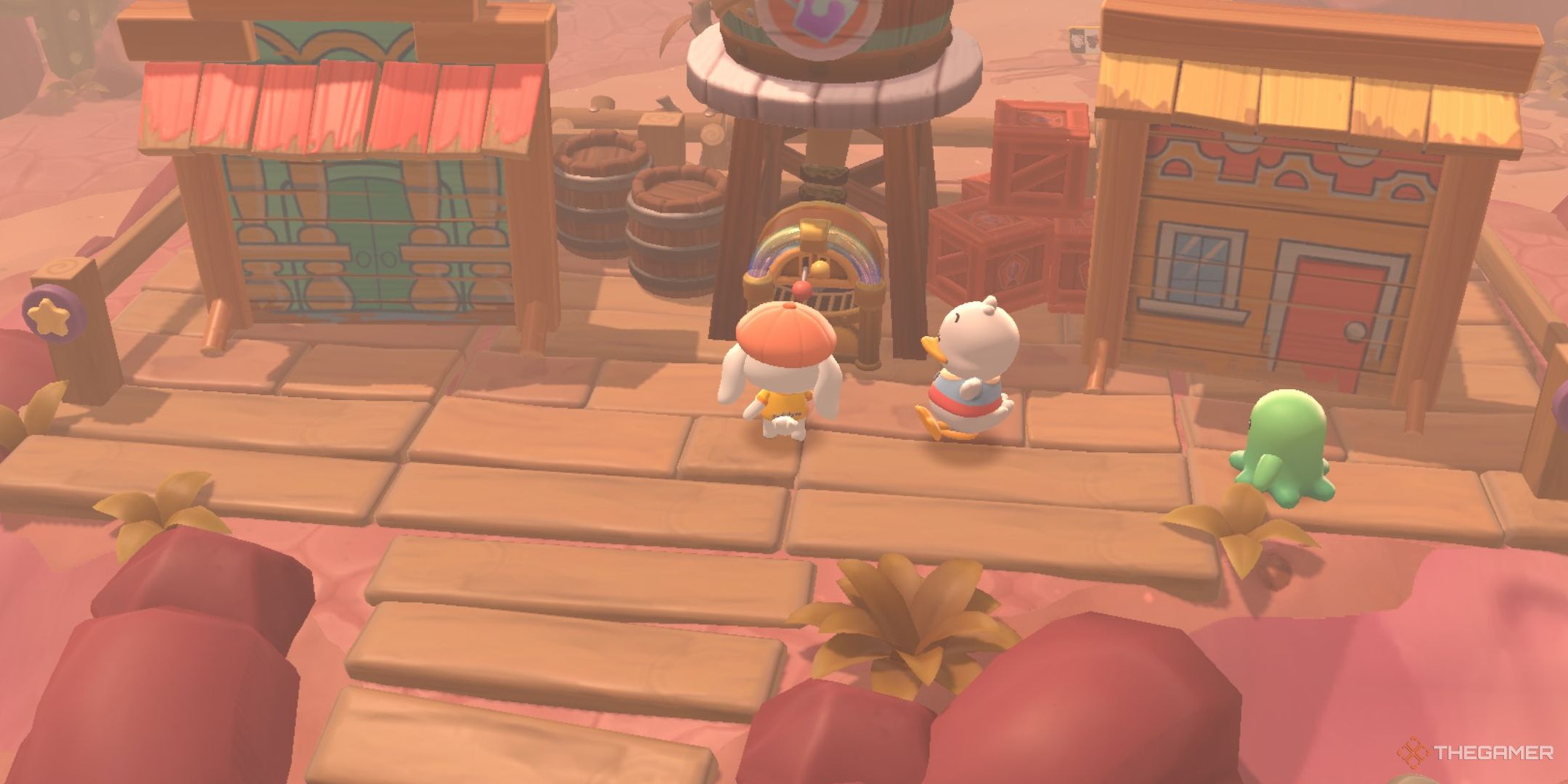 A player at the soda machine with Pekkle in Hello Kitty Island Adventure.