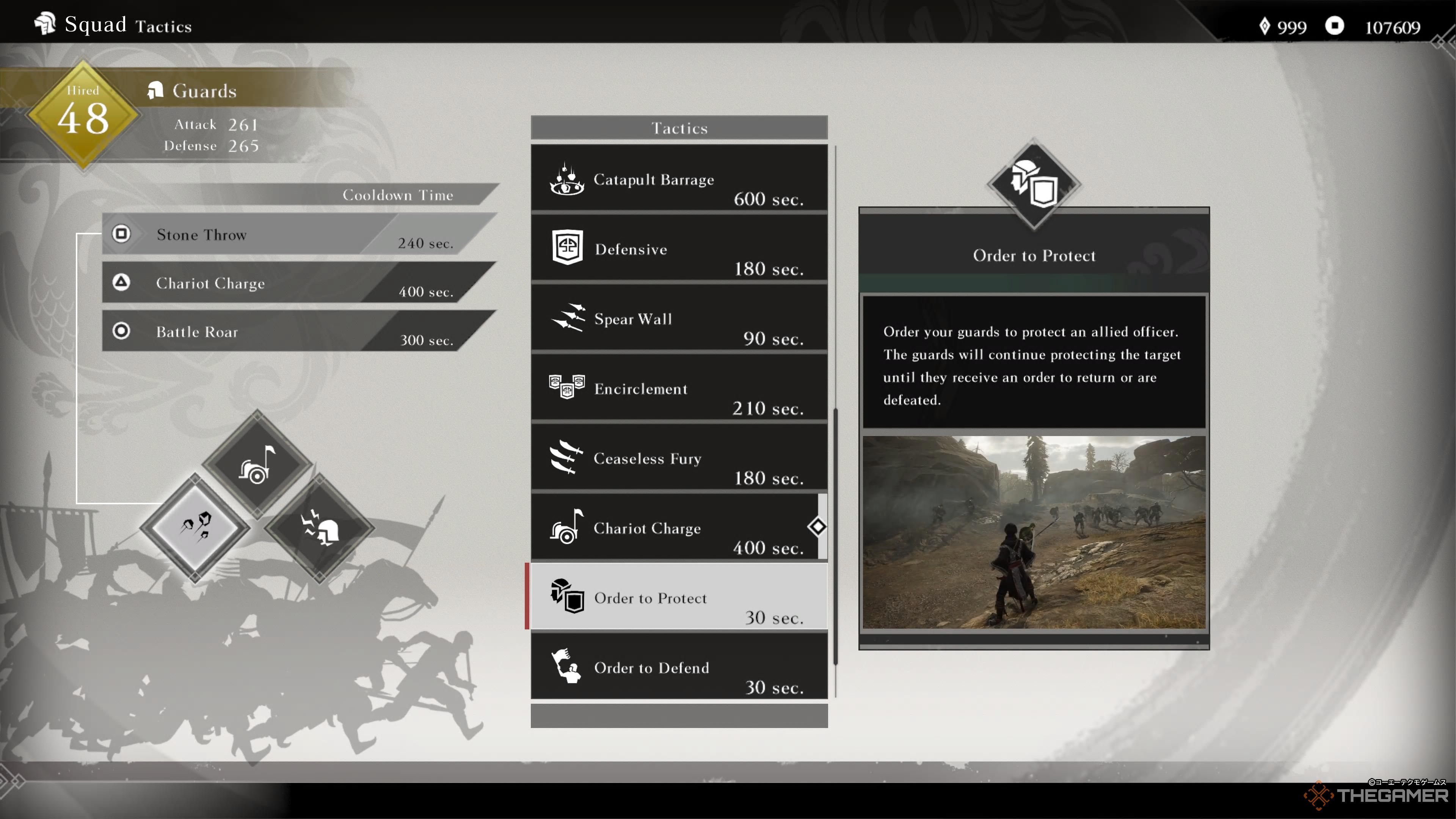 the tactics screen in dynasty warriors origins with order to protect highlighted