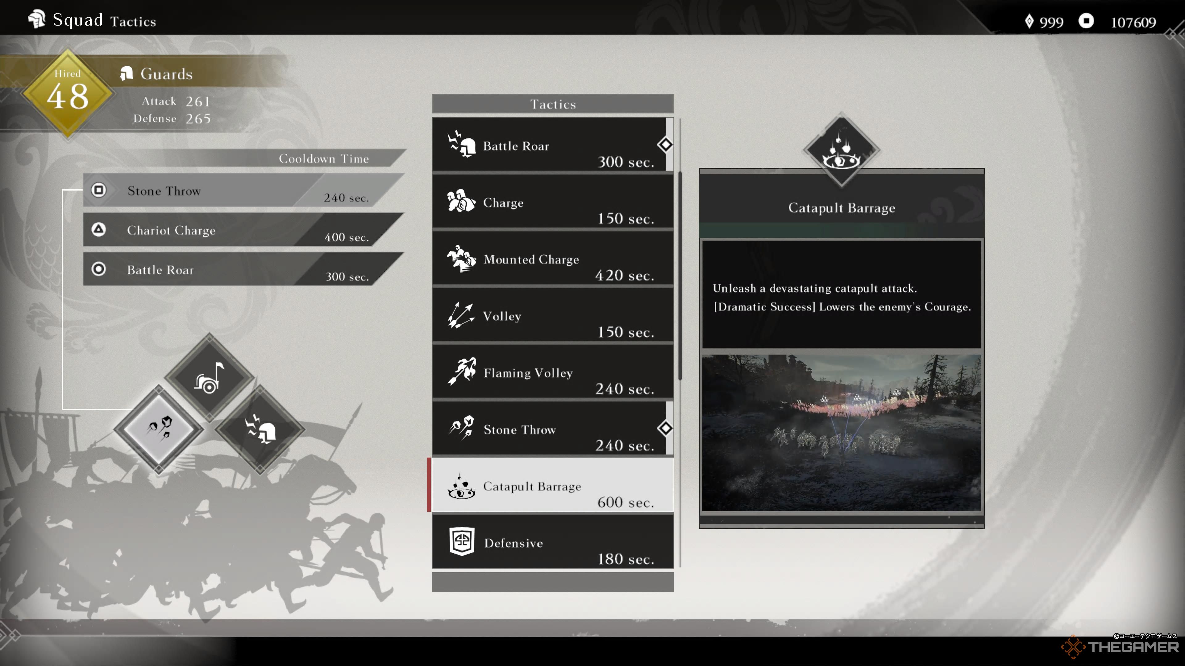 the tactics screen in dynasty warriors: origins with catapult barrage highlighted.